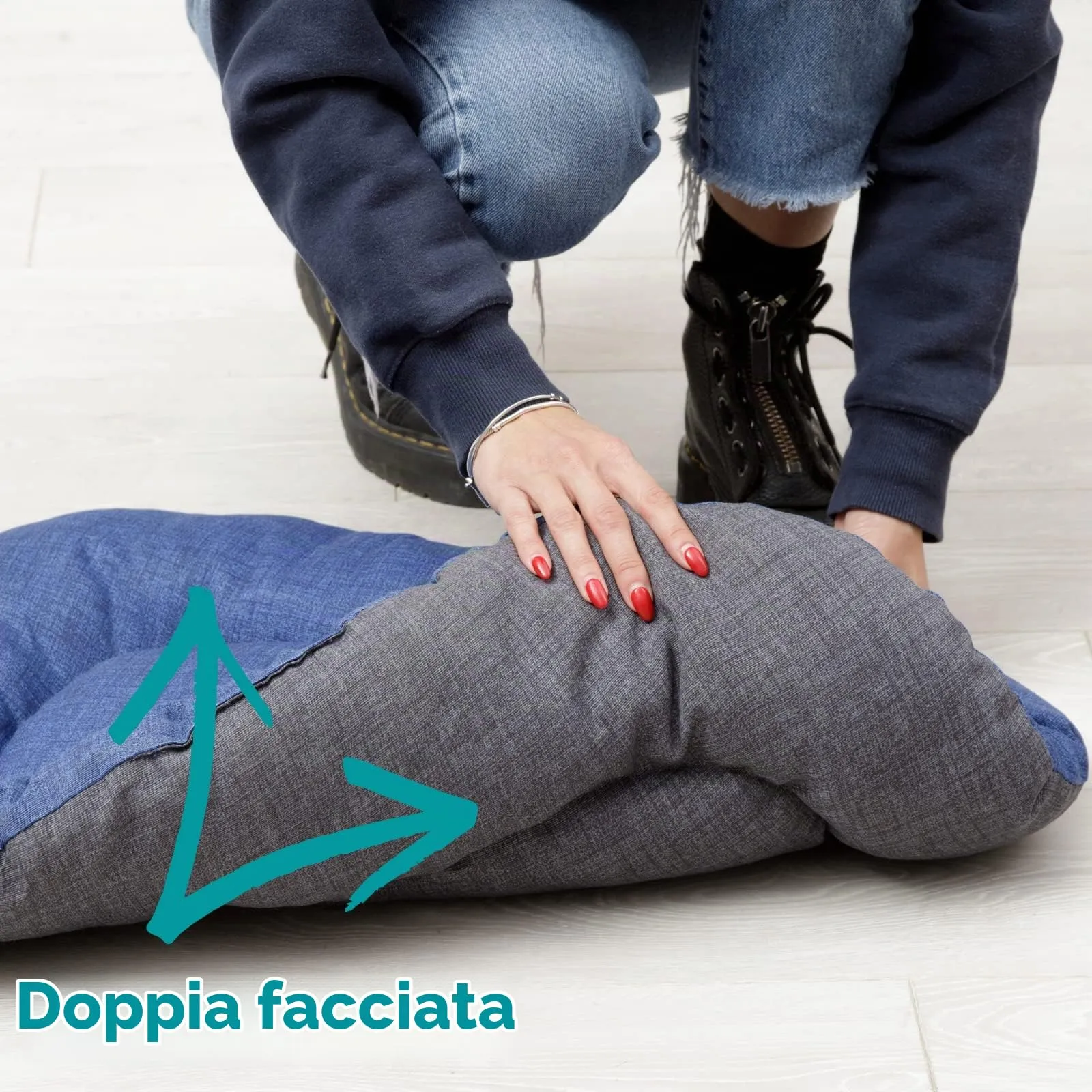 Baroni Home Cuscino Ovale per Cani e Gatti Tessuto Taglia, Imbottito con Morbido Foam, Utilizzabile su Entrambi i Lati (57x90x8 cm, Grigio e Blu) - immagine 3