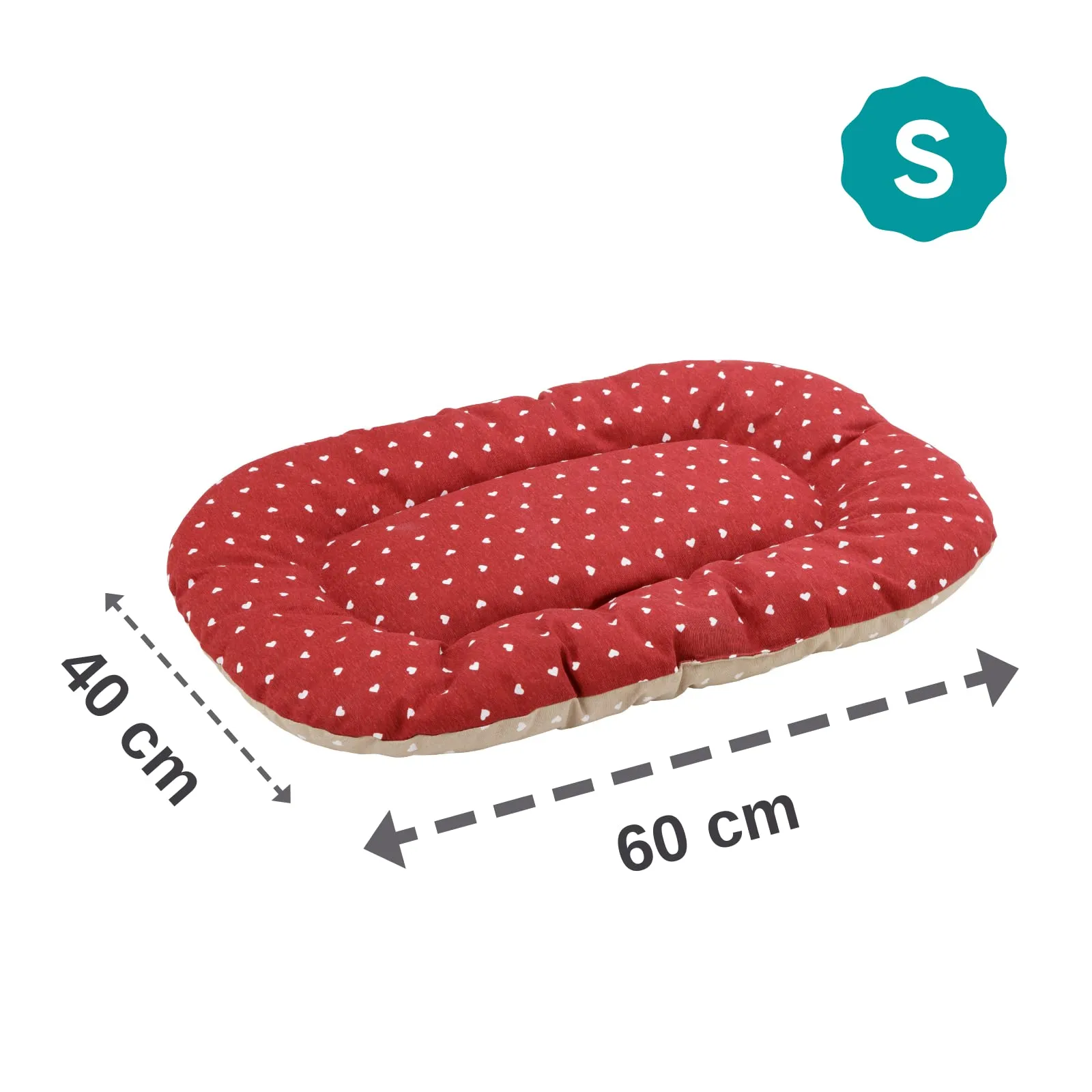 Baroni Home Cuscino Ovale per Cani e Gatti Tessuto Taglia, Imbottito con Morbido Foam, Utilizzabile su Entrambi i Lati (40x60x7 cm, Beige e Rosso Cuori) - immagine 4
