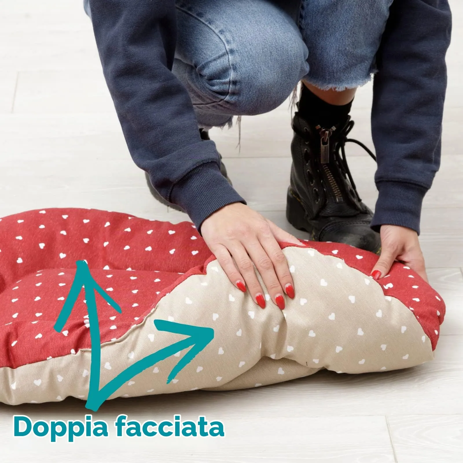Baroni Home Cuscino Ovale per Cani e Gatti Tessuto Taglia, Imbottito con Morbido Foam, Utilizzabile su Entrambi i Lati (62x100x9 cm, Beige e Rosso Cuori) - immagine 3