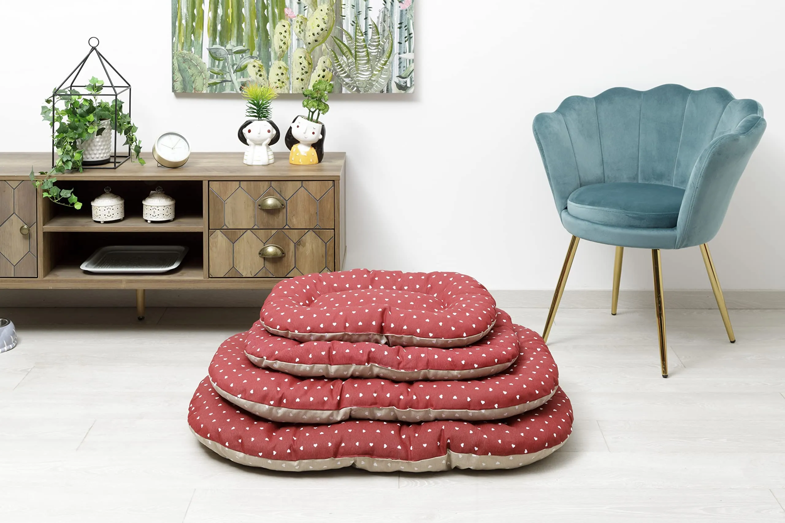 Baroni Home Cuscino Ovale per Cani e Gatti Tessuto Taglia, Imbottito con Morbido Foam, Utilizzabile su Entrambi i Lati (62x100x9 cm, Beige e Rosso Cuori) - immagine 5