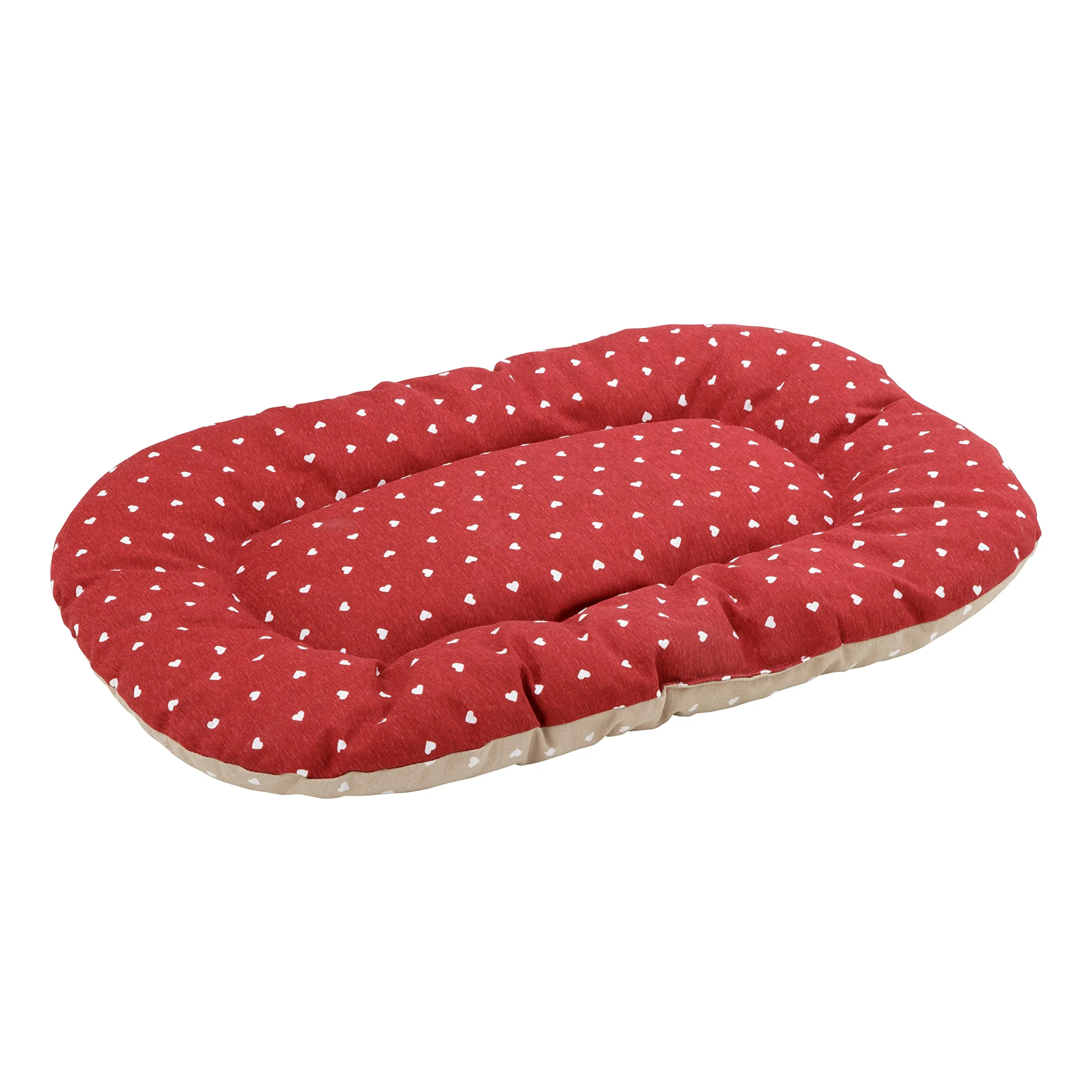 Baroni Home Cuscino Ovale per Cani e Gatti Tessuto Taglia, Imbottito con Morbido Foam, Utilizzabile su Entrambi i Lati (47x70x8 cm, Beige e Rosso Cuori) - immagine 1