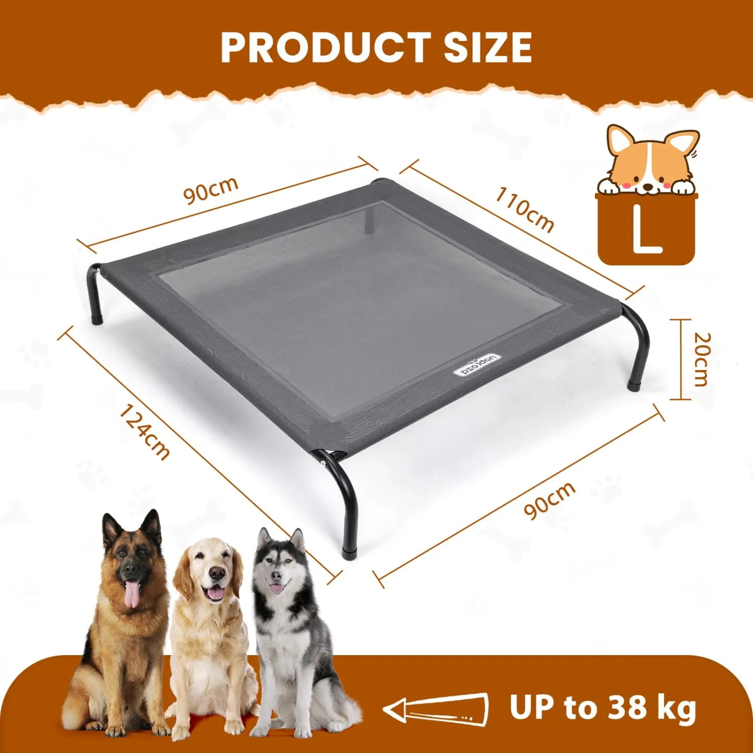 Nobleza Lettino Rialzato per Cani, Lettino Rialzato Cane per Giardino E Outdoor, Letto Rinfrescante per Animali Domestici Lavabile, Grigio, L, 124x90x20CM - immagine 2