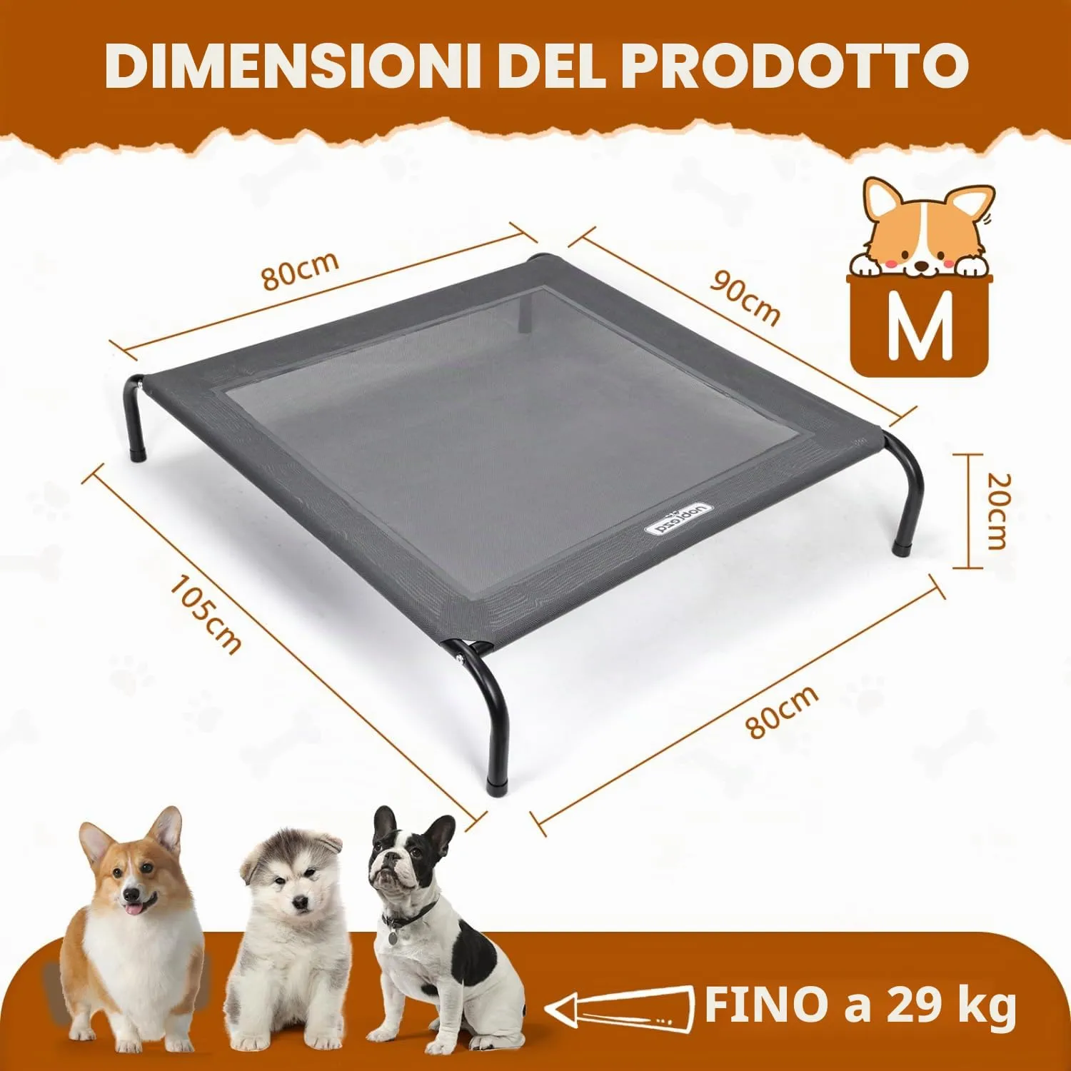 Nobleza Lettino Rialzato per Cani Tagila Media, Lettino Rialzato Cane per Giardino E Outdoor, Letto Rinfrescante per Animali Domestici Lavabile, Grigio, M, 105x80x20CM - immagine 2