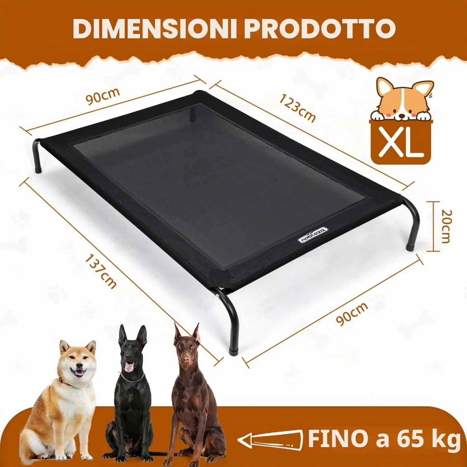 Nobleza Brandina Per Cani, Lettino Rialzato Per Cani Tagila Grande, Lettino Cane Per Giardino E Outdoor, Letto Rinfrescante Per Animali Domestici Lavabile, Nero, XL, 137x90x20CM - immagine 2