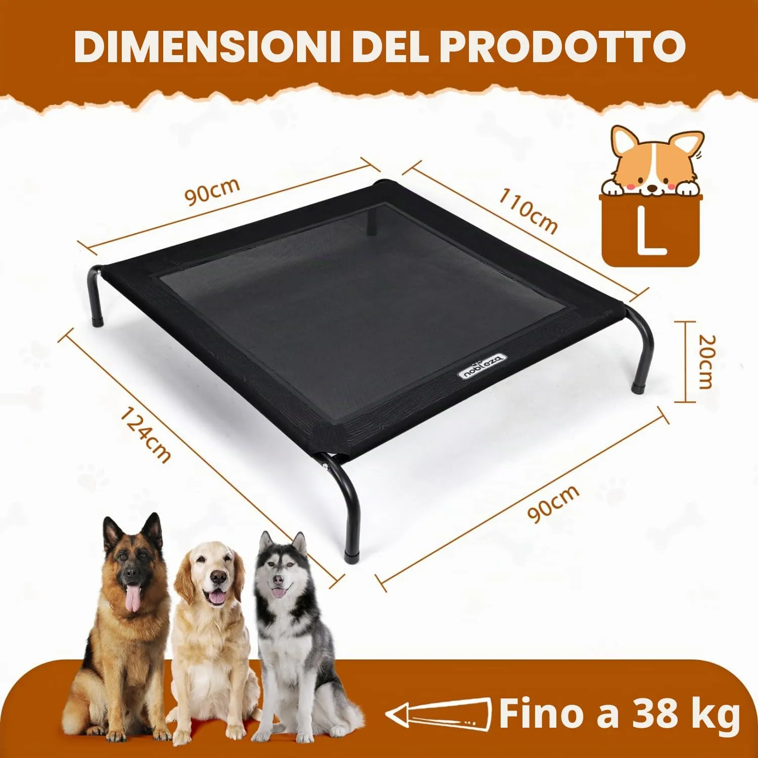 Nobleza Brandina Per Cani, Lettino Rialzato Per Cani Tagila Grande, Lettino Cane Per Giardino E Outdoor, Letto Rinfrescante Per Animali Domestici Lavabile, Nero, L, 124x90x20CM - immagine 2