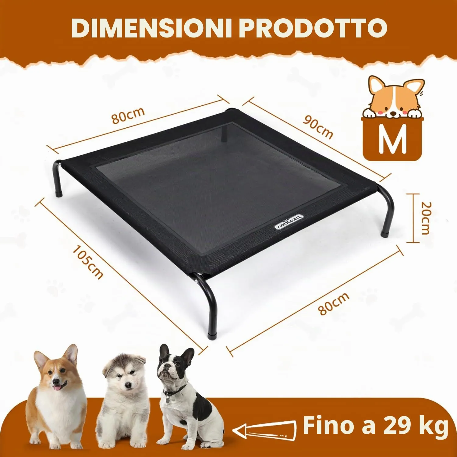 Nobleza Brandina Per Cani, Lettino Rialzato Per Cani Tagila Media, Lettino Cane Per Giardino E Outdoor, Letto Rinfrescante Per Animali Domestici Lavabile, Nero, M, 105x80x20CM - immagine 2