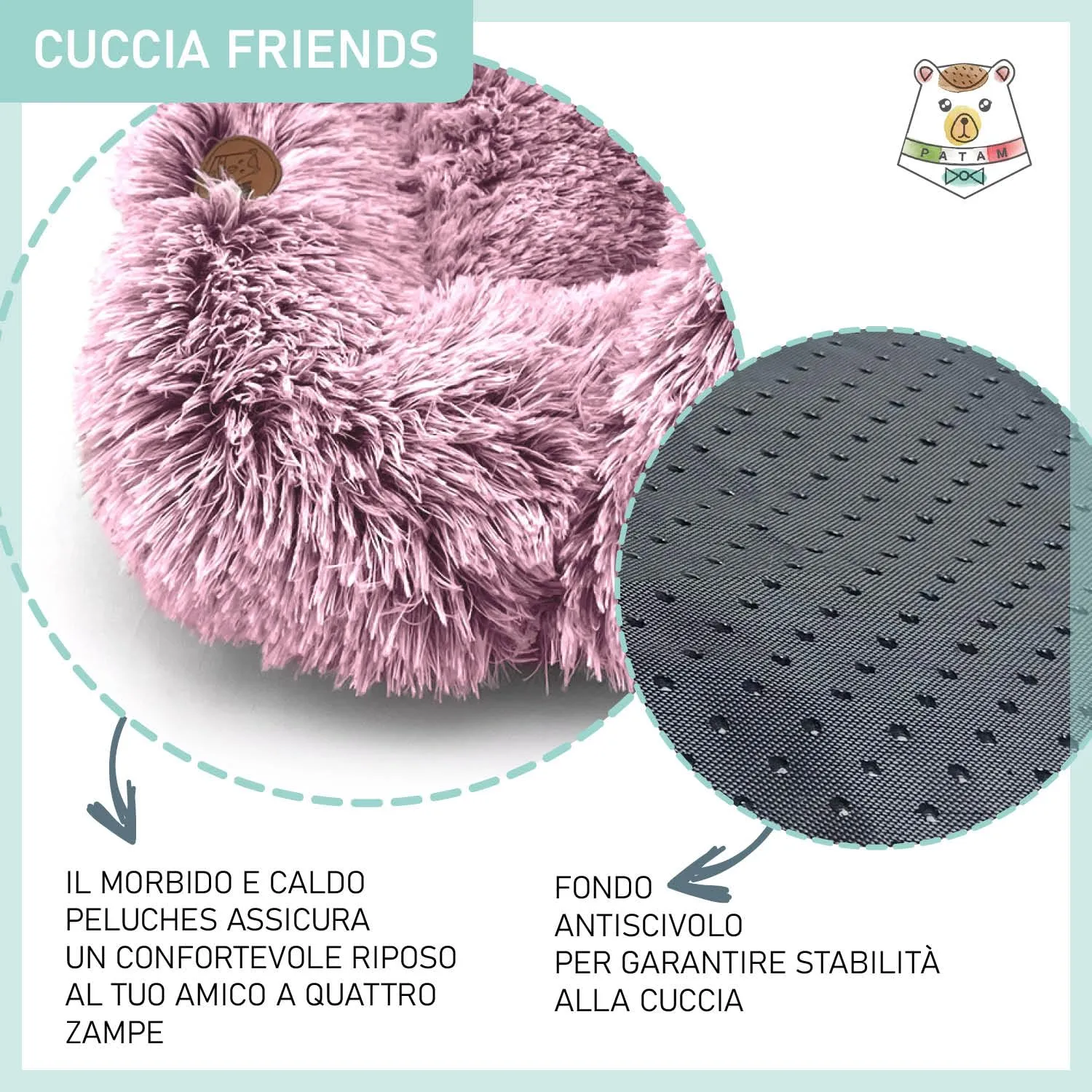 PATAM Cuccia Pelosa per Cani e Gatti – Antiscivolo, Lavabile in Lavatrice - Letto/Cuscino per Animali Domestici – Friends Rosa 60x50 cm - immagine 5