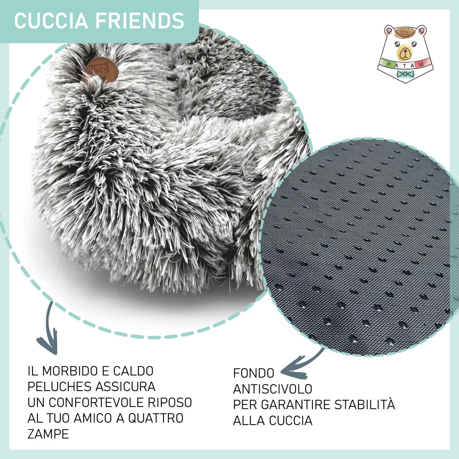 PATAM Cuccia Morbida Cani Piccoli, Gatti, da Interno, Lavabile e Antiscivolo, Friends Nero 60x50 cm - immagine 5