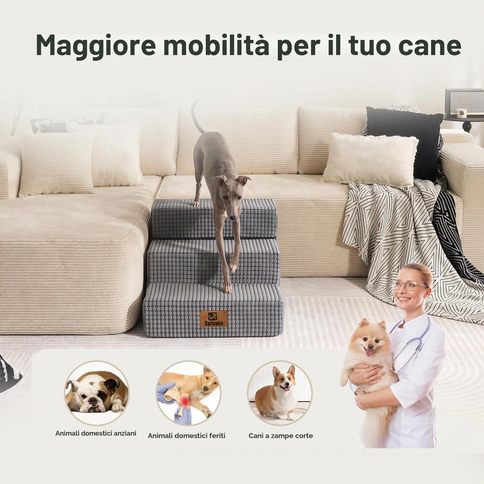 Sytopia Scaletta per cani, altezza 40 cm, 3 gradini, per cani di piccola taglia, in schiuma grigia con rivestimento in tessuto - immagine 4