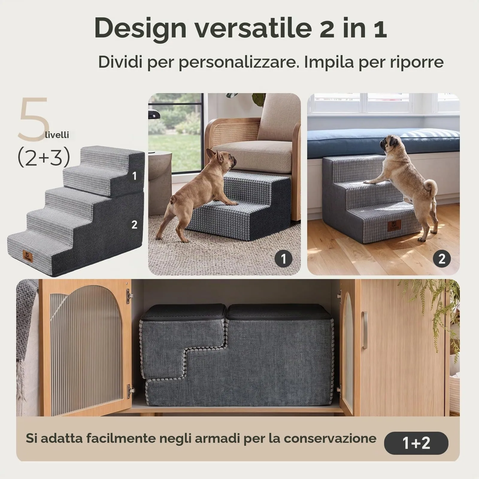 Sytopia Scaletta per cani di taglia grande, altezza 5 gradini, schiuma grigia, 76 x 40 x 57 cm - immagine 5