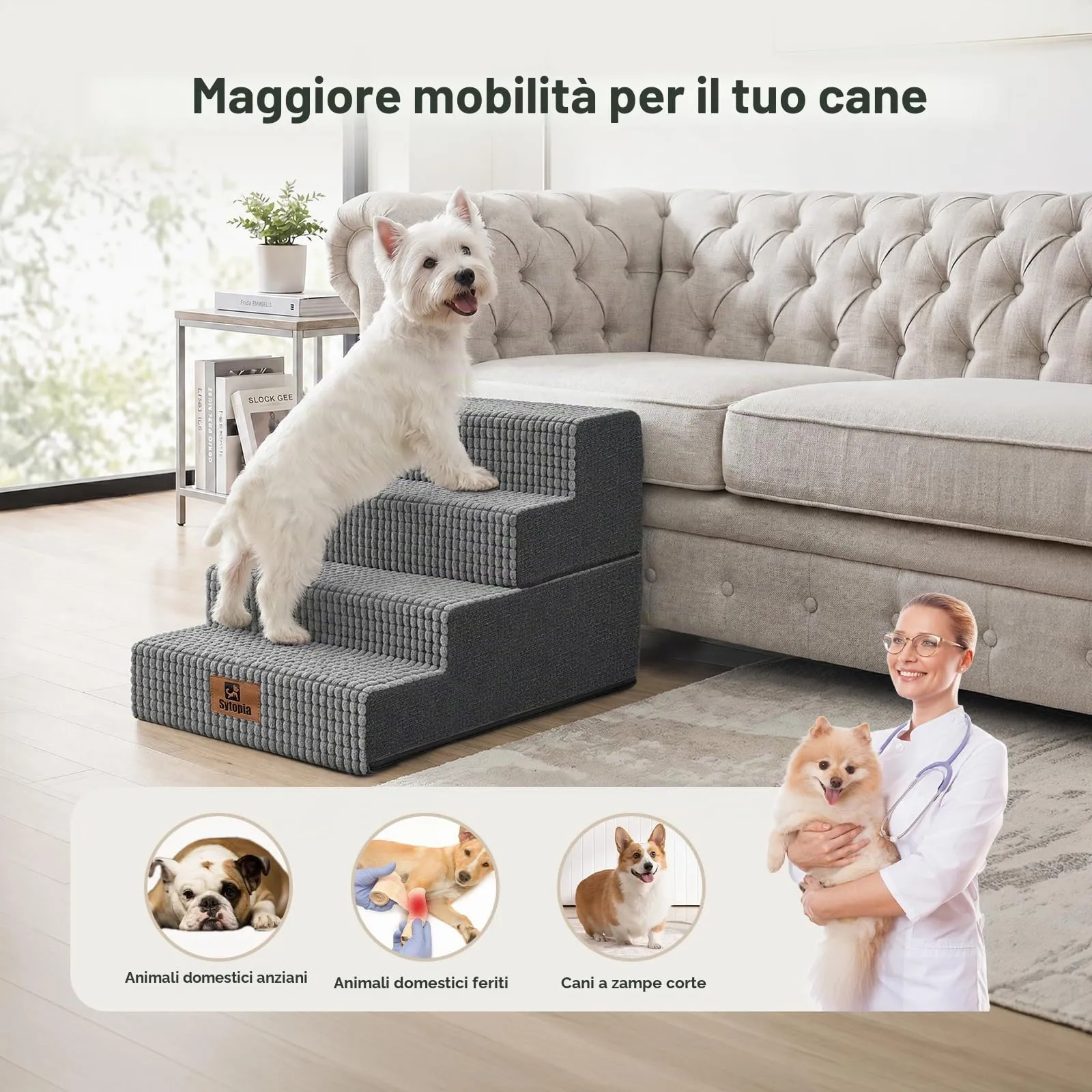 Sytopia Scala per cani di taglia grande, altezza 4 gradini, per letto, divano 50 cm, scala per animali domestici, lavabile, schiuma ad alta densità, per cani anziani feriti (altezza 46 cm, grigio) - immagine 4