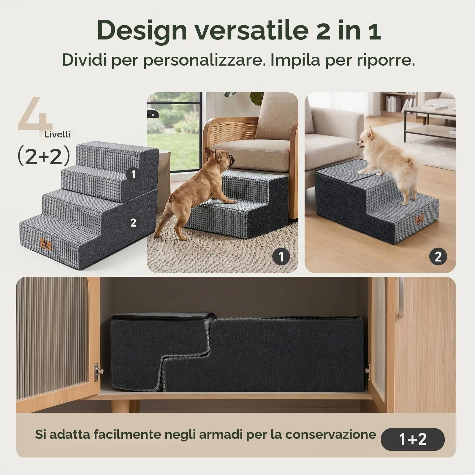 Sytopia Scala per cani di taglia grande, altezza 4 gradini, per letto, divano 50 cm, scala per animali domestici, lavabile, schiuma ad alta densità, per cani anziani feriti (altezza 46 cm, grigio) - immagine 5