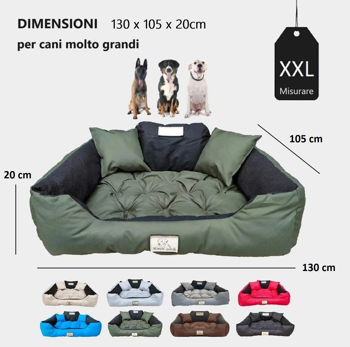 KING DOG Letto per Cani XXL 130x105 cm | Cuscino Impermeabile | Lavabile | Cuccia Verde - immagine 4