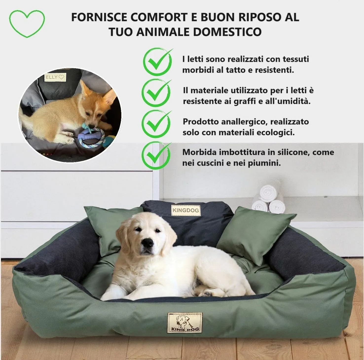 KING DOG Letto per Cani XXL 130x105 cm | Cuscino Impermeabile | Lavabile | Cuccia Verde - immagine 5