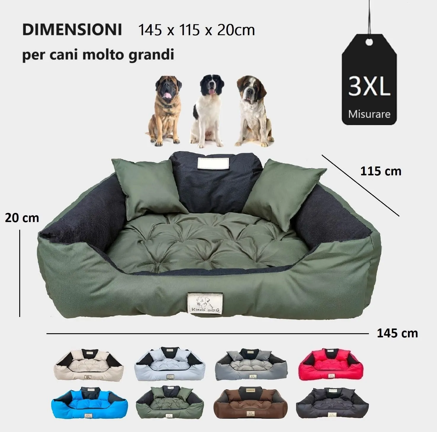 KING DOG Letto per cani molto grandi 3XL 145 x 115 cm Cuscino impermeabile lavabile, comodo divano morbido e morbido, antiscivolo, per dormire per cani e interni, resistente, prodotto in UE verde - immagine 4