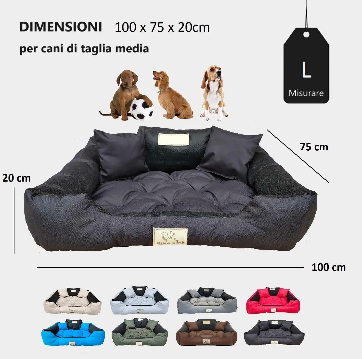 KING DOG Letto per Cani Grande Taglia L 100x75 cm | Cuscino Impermeabile | Divano Lavabile | Cuccia Cane Nero - immagine 4