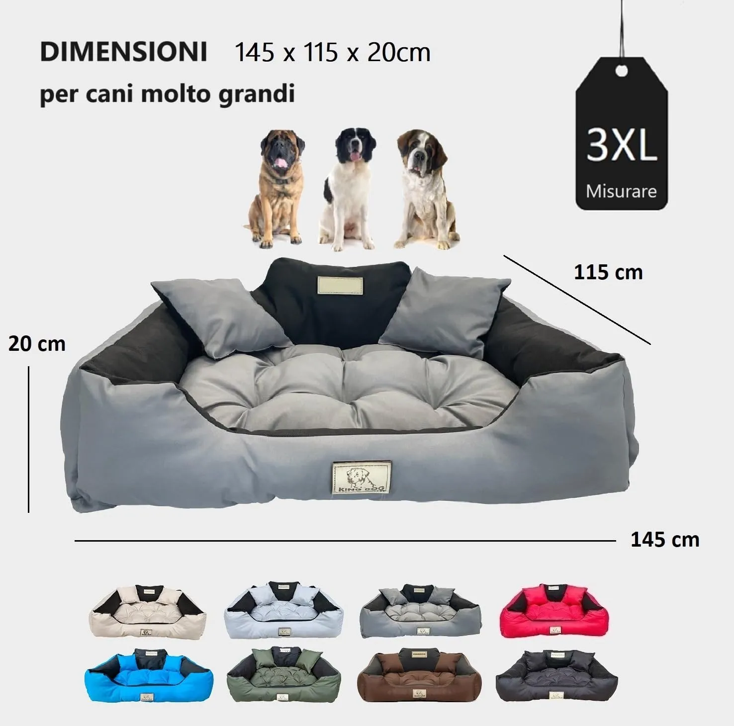 KING DOG Letto per cani molto grandi 3XL 145 x 115 cm Cuscino impermeabile lavabile, comodo divano morbido e morbido, antiscivolo, a pelo per cani, interno resistente, realizzato in UE grigio scuro - immagine 4