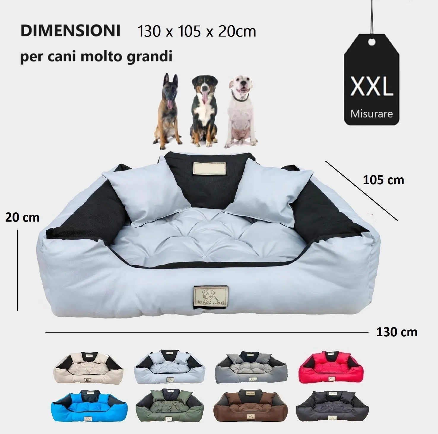 KING DOG Letto per cani molto grandi, XXL, 130 x 105 cm, cuscino impermeabile, lavabile, comodo divano, morbido, antiscivolo, a pelo per cani, interno resistente, realizzato in UE grigio chiaro - immagine 4