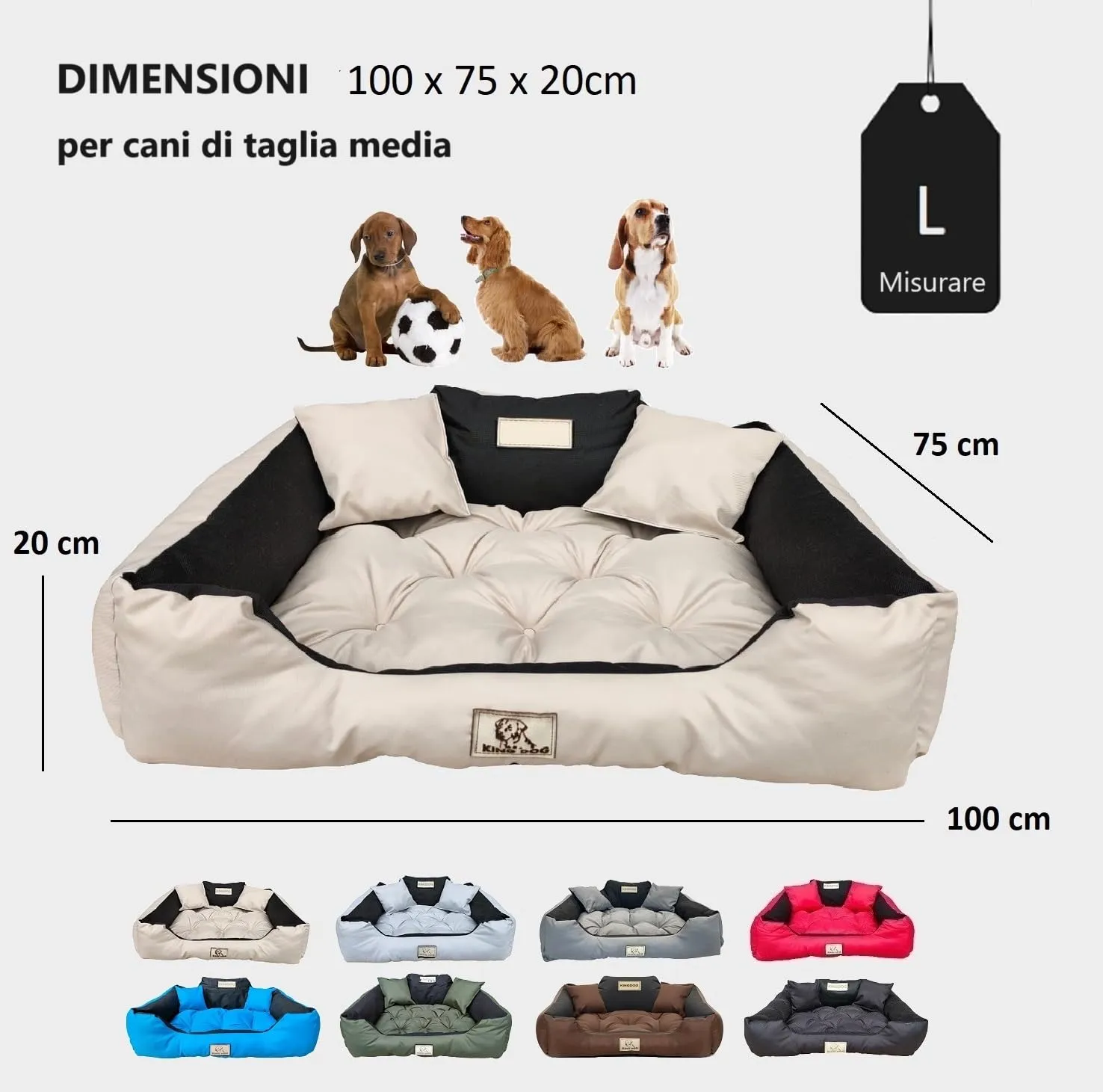 KING DOG Letto per Cani Grande Taglia L 100x75 cm | Cuscino Impermeabile | Divano Adatto al Lavaggio | Cuccia Interno | Brandina Beige - immagine 4