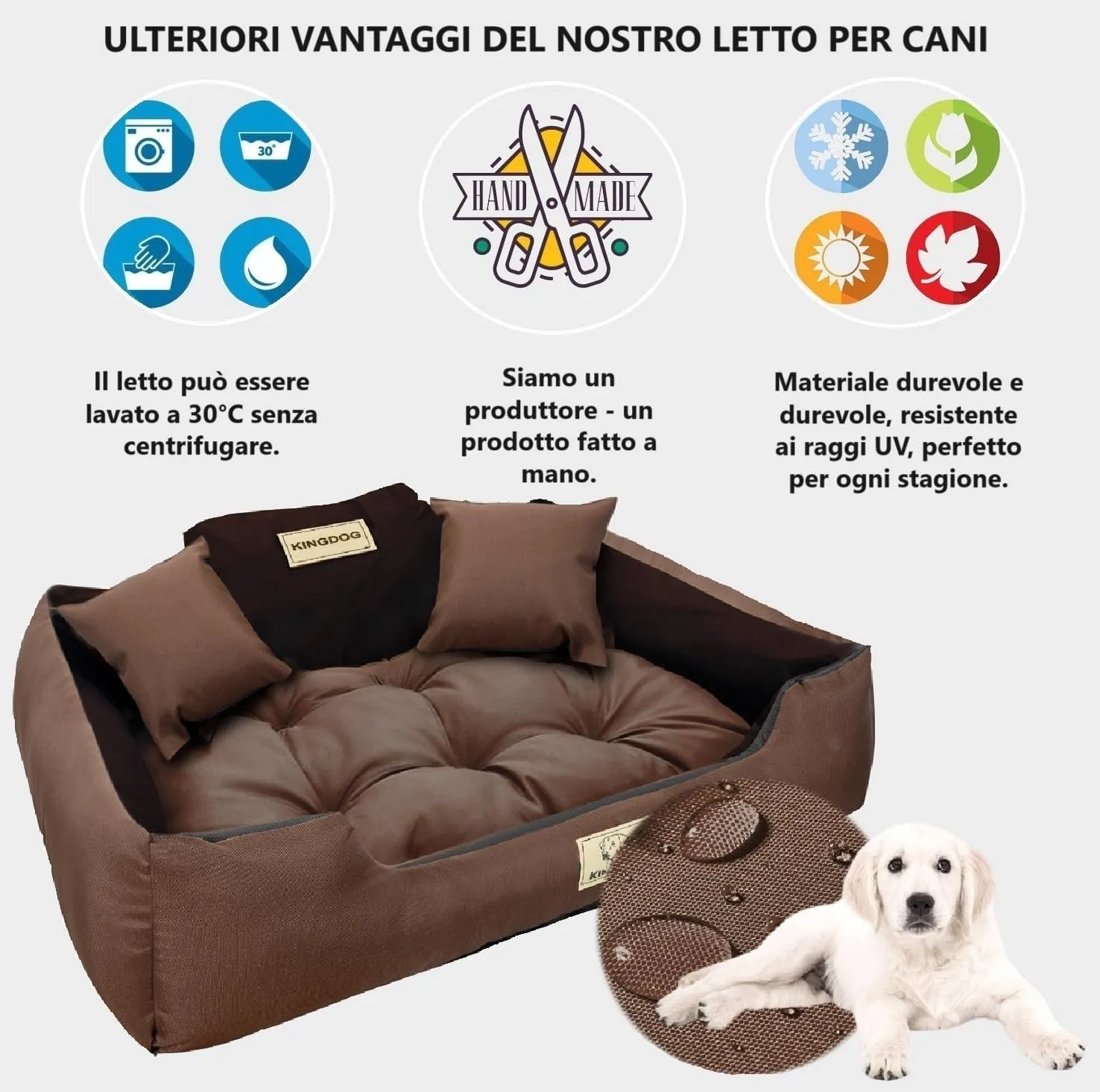 KING DOG Letto per cani grandi XL 115 x 95 cm Cuscino impermeabile lavabile divano confortevole soffice e soffice antiscivolo per dormire per cani interno resistente Made in UE Marrone - immagine 6