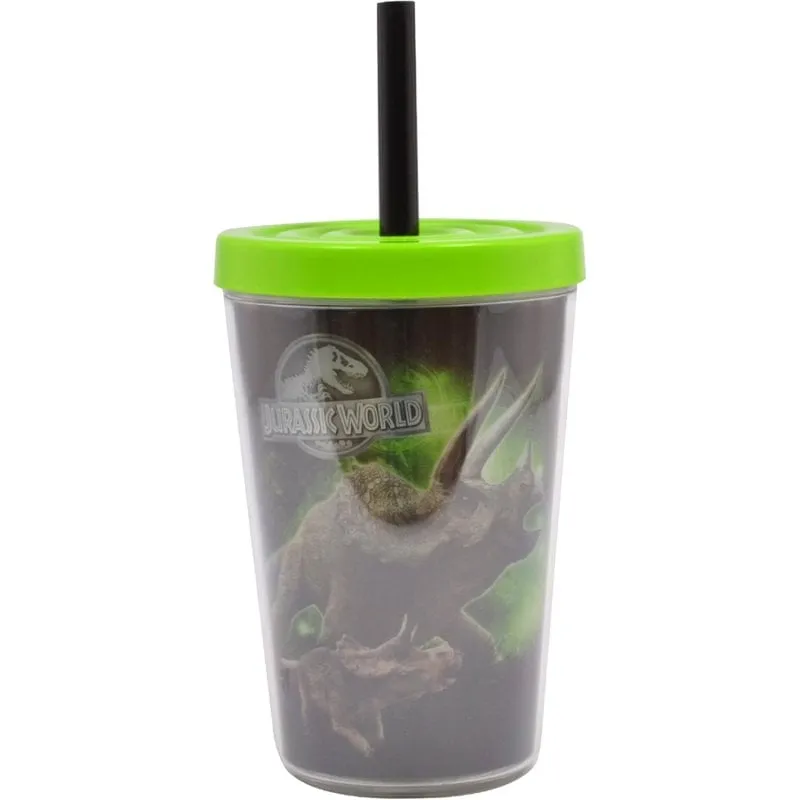 Bicchiere Jurassic World Triceratops 300 ml con cannuccia e coperchio verde - immagine 1