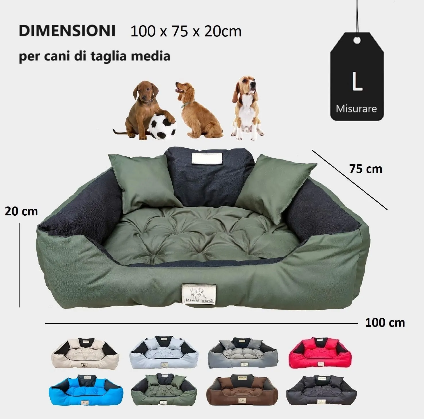 KING DOG Letto per Cani Grande Taglia L 100x75 cm | Cuscino Impermeabile | Divano Adatto al Lavaggio | Cuccia Interno | Brandina Verde - immagine 4