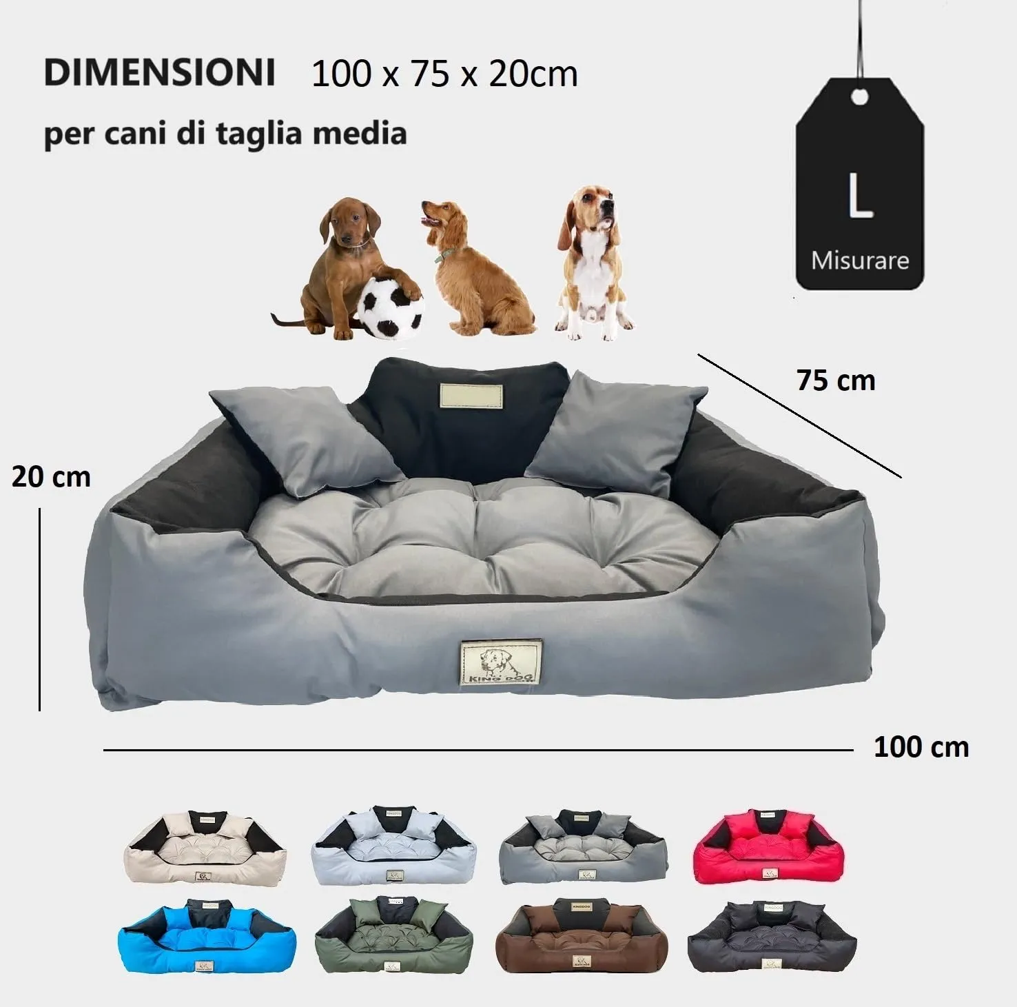KING DOG Letto per cani grandi L 100 x 75 cm Cuscino impermeabile lavabile divano confortevole morbido morbido antiscivolo per dormire per cani interno resistente Made in UE grigio scuro - immagine 4