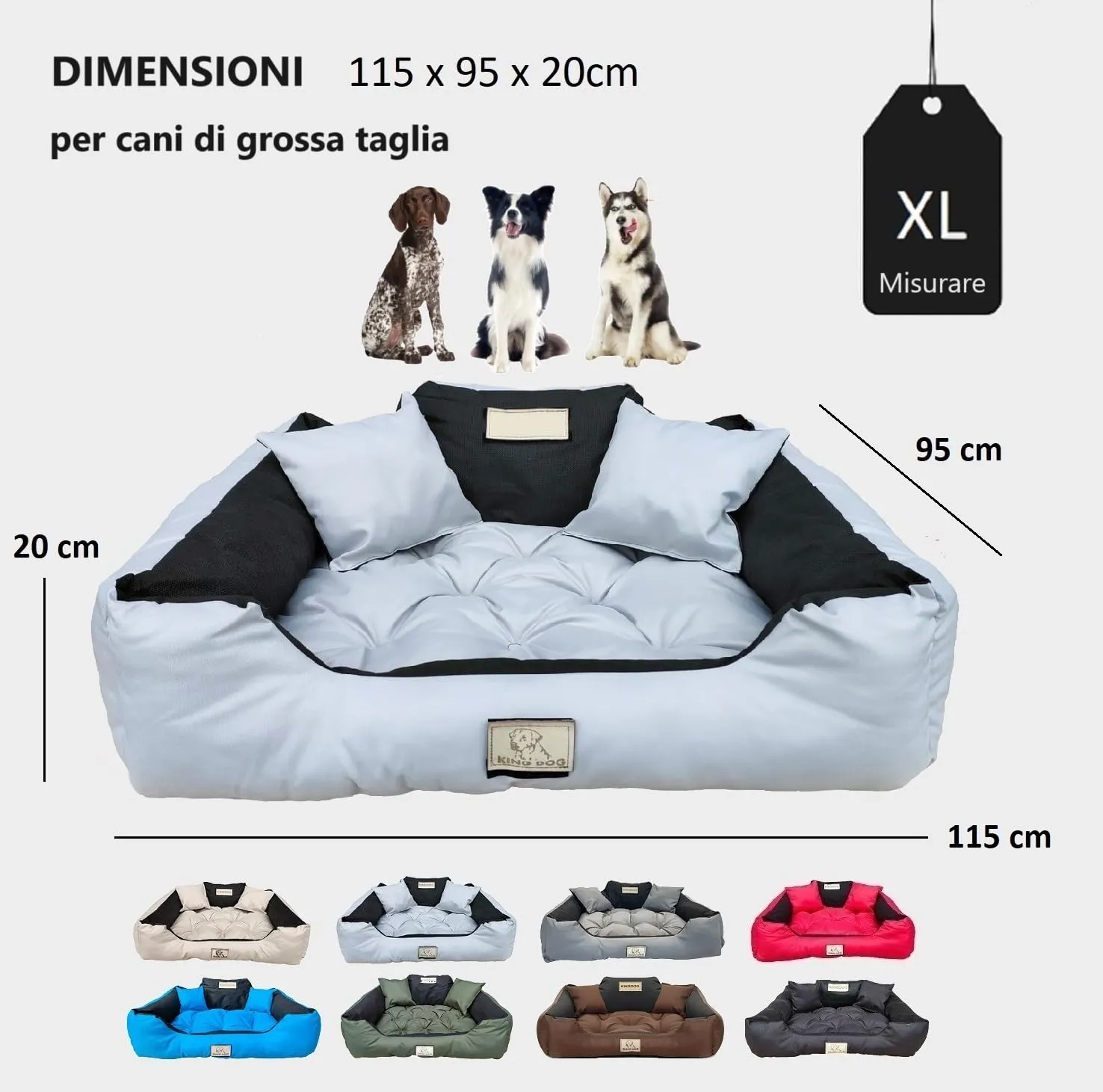 KING DOG Letto per Cani Grande Taglia XL 115x95 cm | Cuscino per Cani Impermeabile | Divano per Cani Adatto al Lavaggio | Cuccia Cane Interno | Brandina per Cani Grigio - immagine 4