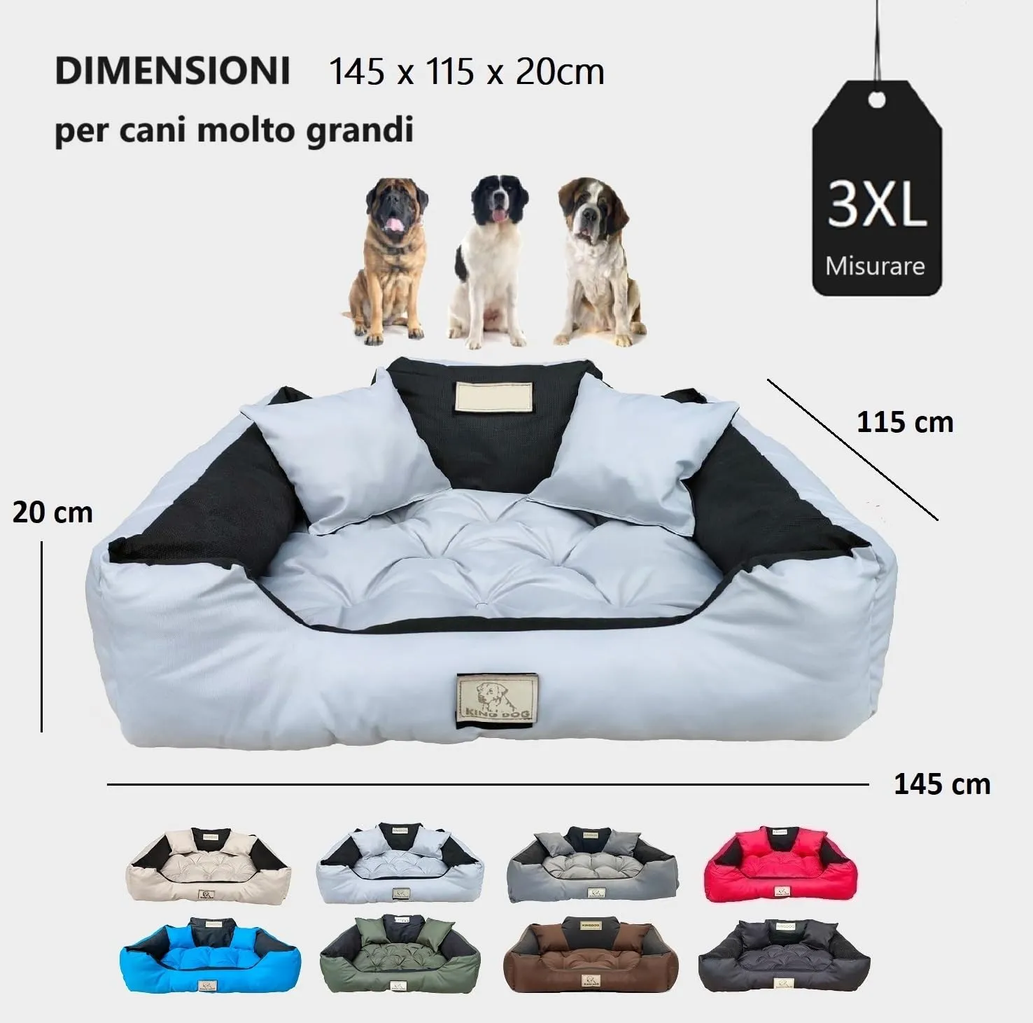 KING DOG Letto per Cani Molto Grande Taglia 3XL 145x115 cm | Cuscino Impermeabile | Divano Adatto al Lavaggio | Cuccia Interno | Brandina Grigio - immagine 4