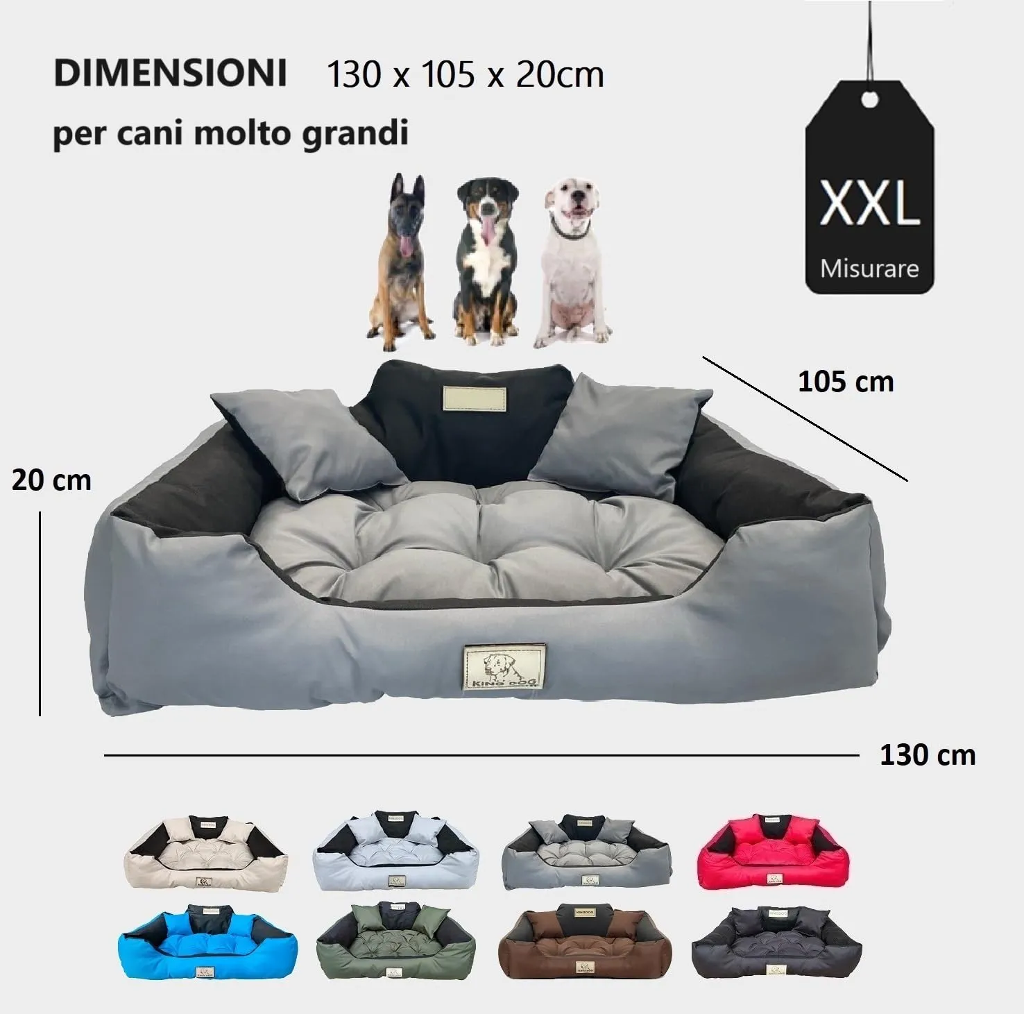KING DOG Letto per Cani XXL 130x105 cm | Cuscino Impermeabile | Lavabile | Cuccia Grigio - immagine 4