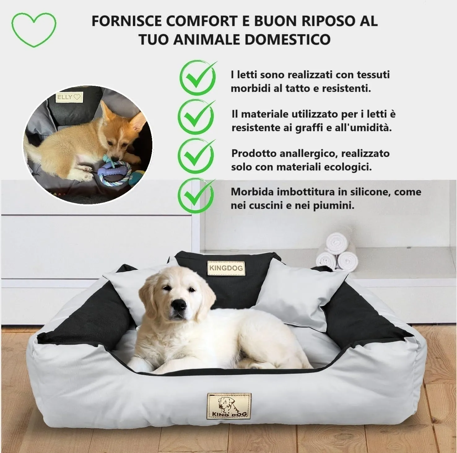 KING DOG Letto per Cani Medio Taglia M 75x65 cm | Cuscino Impermeabile | Divano Adatto al Lavaggio | Cuccia Interno | Brandina Grigio - immagine 5