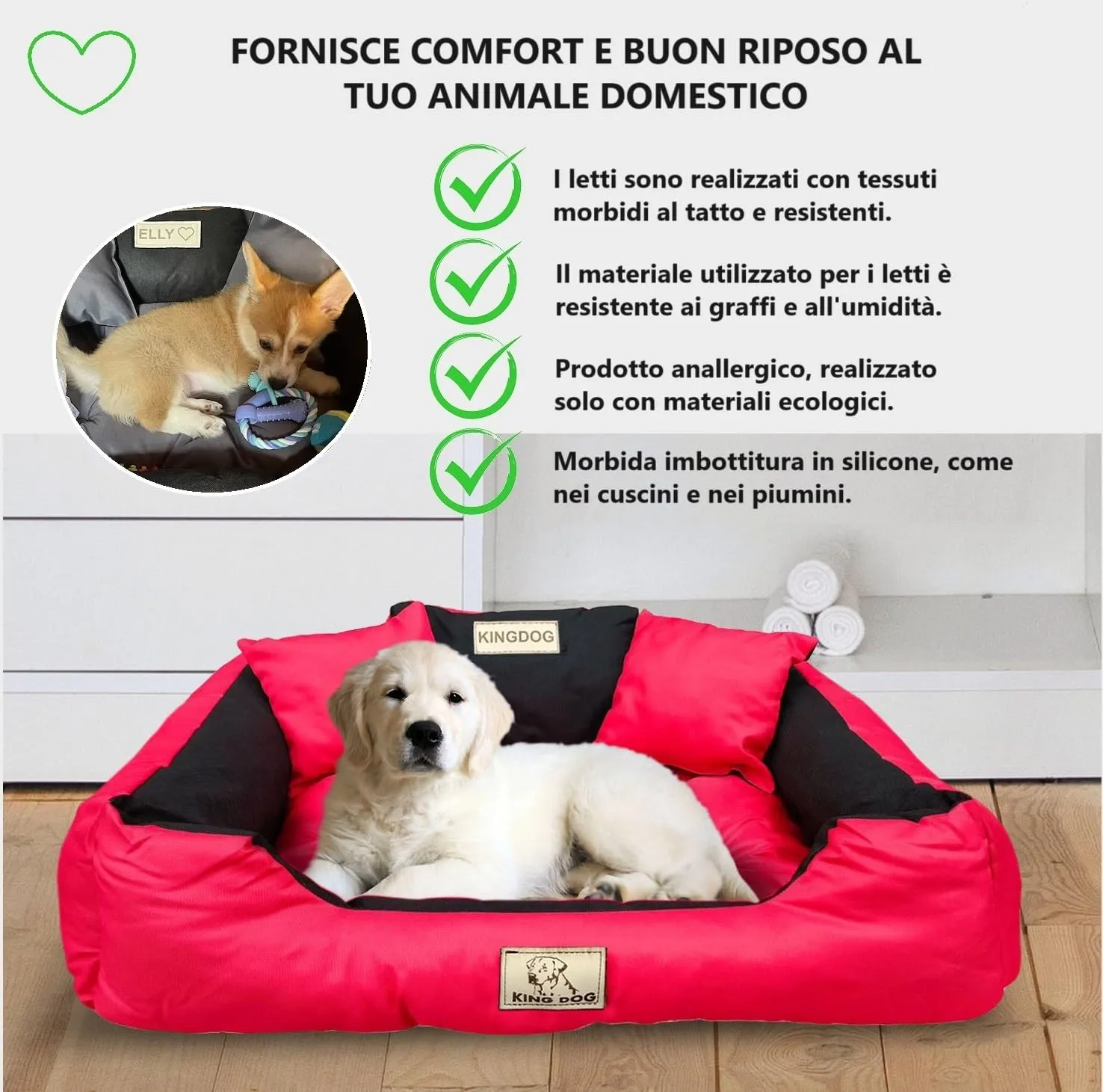 KING DOG Letto per Cani Piccolo Taglia S 55x45 cm | Cuscino Impermeabile | Divano Adatto al Lavaggio | Cuccia Interno | Brandina Rosso - immagine 5
