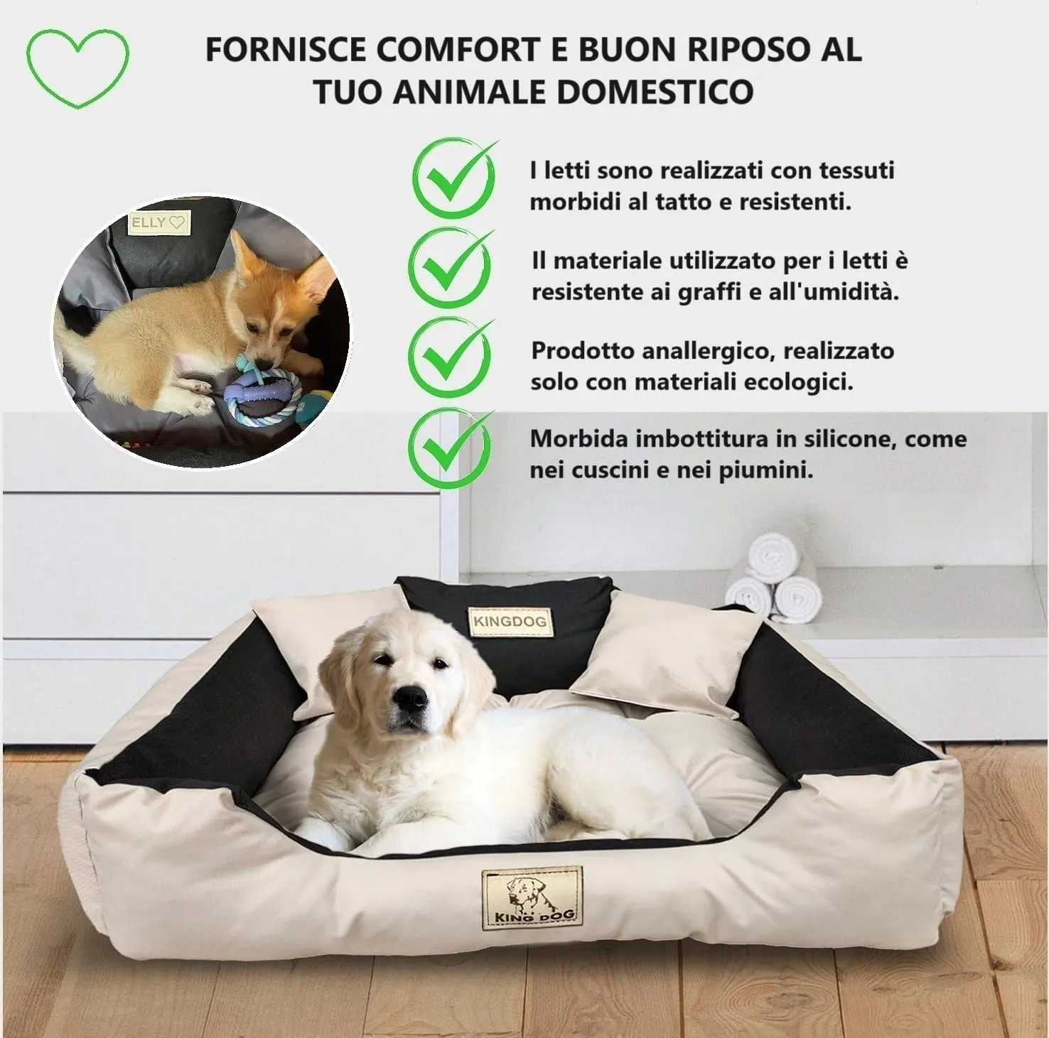 KING DOG Letto per Cani Medio Taglia M 75x65 cm | Cuscino Impermeabile | Divano Adatto al Lavaggio | Cuccia Interno | Brandina Beige - immagine 5