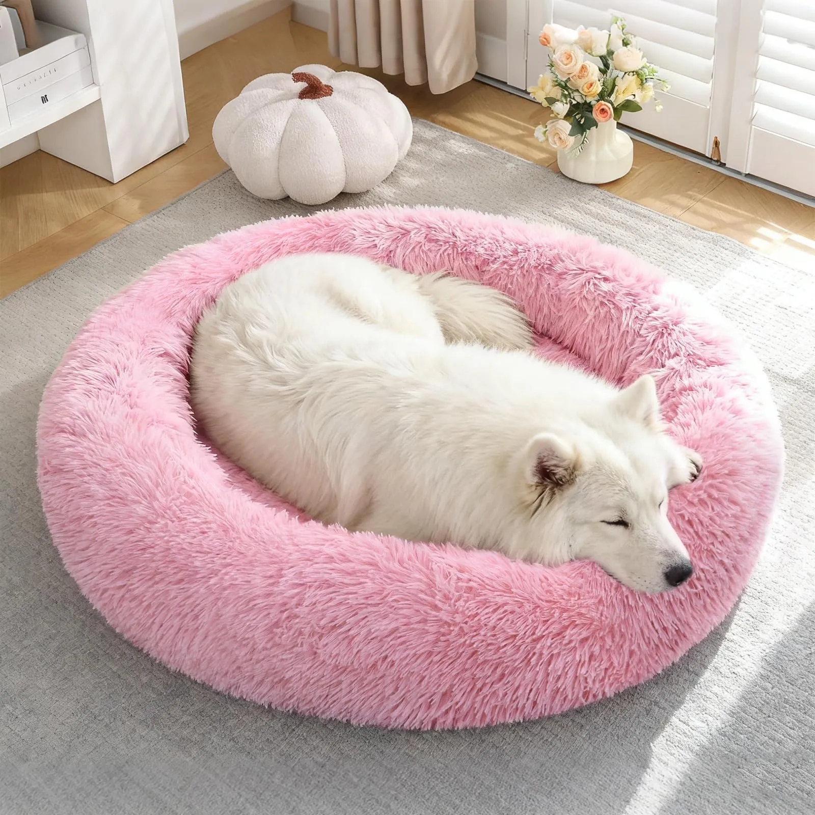Letto per Cani Medi 80 cm Rotondo Lavabile con Peluche Morbida, Rosa - immagine 3