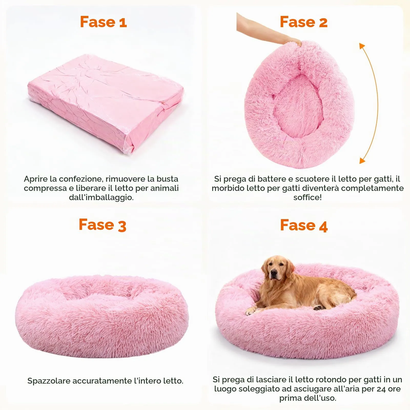 Letto per Cani Medi 80 cm Rotondo Lavabile con Peluche Morbida, Rosa - immagine 6