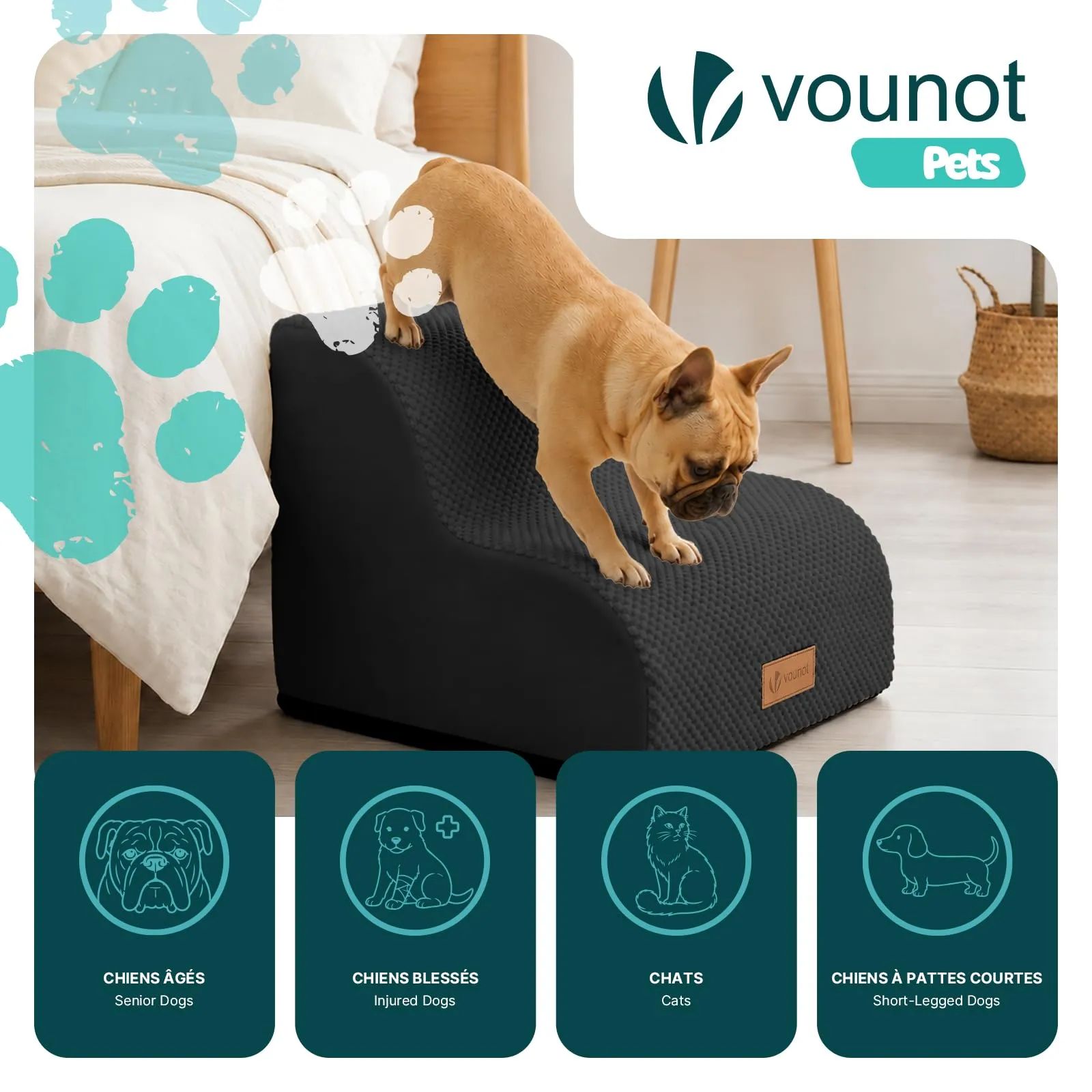 VOUNOT® Scaletta per Cani a 2 Gradini, Scala per Animali Antiscivolo in Schiuma ad Alta Densità con Maniglia, Sfoderabile e Lavabile, Accesso a Divano e Letto per Cani Piccoli o Anziani, Nero - immagine 2