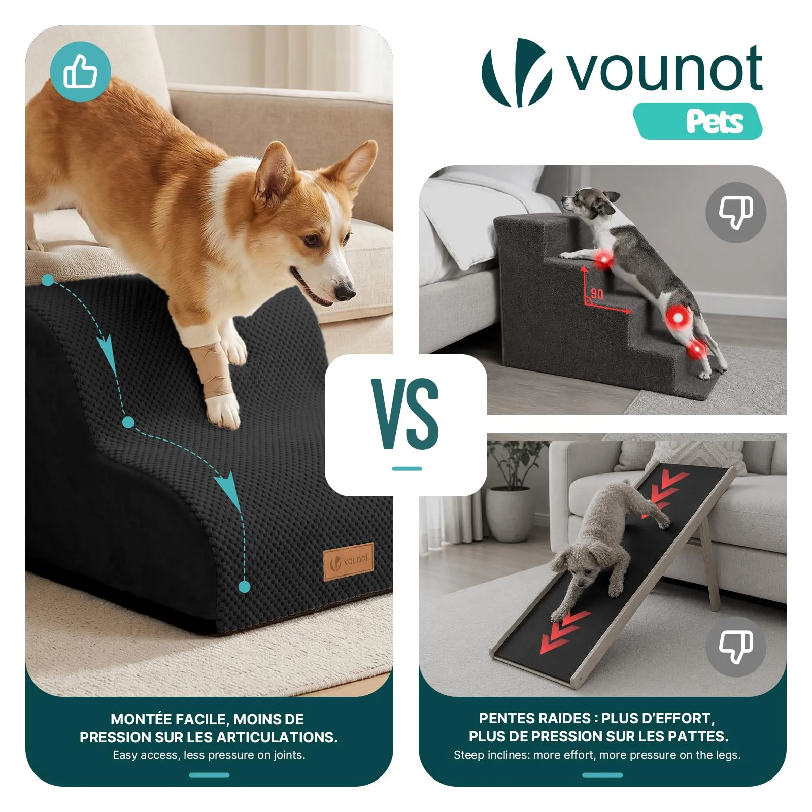 VOUNOT® Scaletta per Cani a 2 Gradini, Scala per Animali Antiscivolo in Schiuma ad Alta Densità con Maniglia, Sfoderabile e Lavabile, Accesso a Divano e Letto per Cani Piccoli o Anziani, Nero - immagine 6