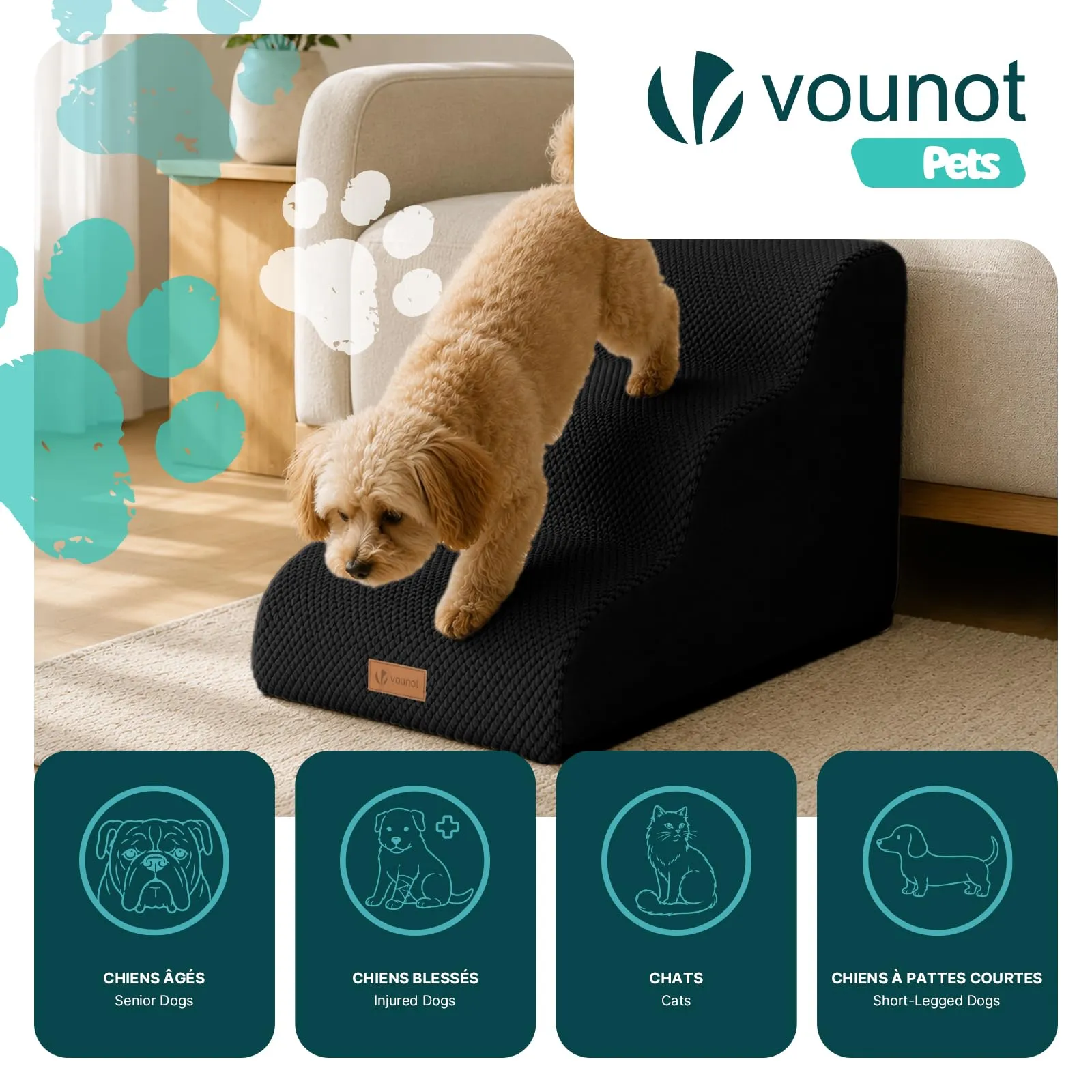 VOUNOT® Scaletta per Cani a 3 Gradini, Scala per Animali Antiscivolo in Schiuma ad Alta Densità con Maniglia, Sfoderabile e Lavabile, Accesso a Divano e Letto per Cani Piccoli o Anziani, Nero - immagine 2