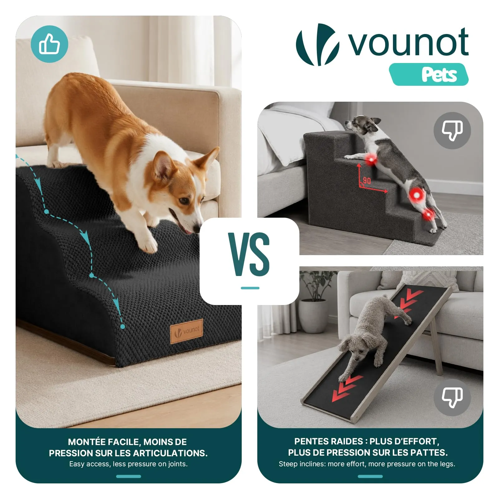 VOUNOT® Scaletta per Cani a 3 Gradini, Scala per Animali Antiscivolo in Schiuma ad Alta Densità con Maniglia, Sfoderabile e Lavabile, Accesso a Divano e Letto per Cani Piccoli o Anziani, Nero - immagine 6