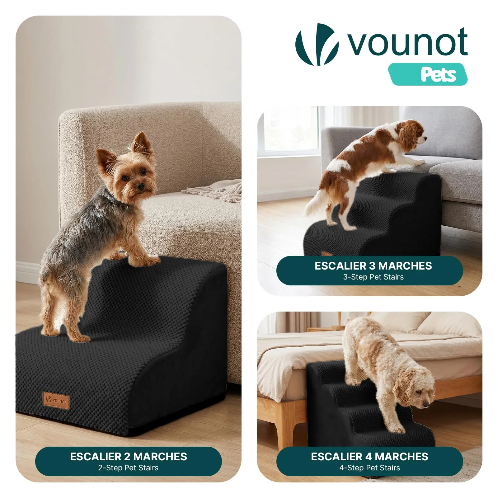VOUNOT® Scaletta per Cani a 3 Gradini, Scala per Animali Antiscivolo in Schiuma ad Alta Densità con Maniglia, Sfoderabile e Lavabile, Accesso a Divano e Letto per Cani Piccoli o Anziani, Nero - immagine 7