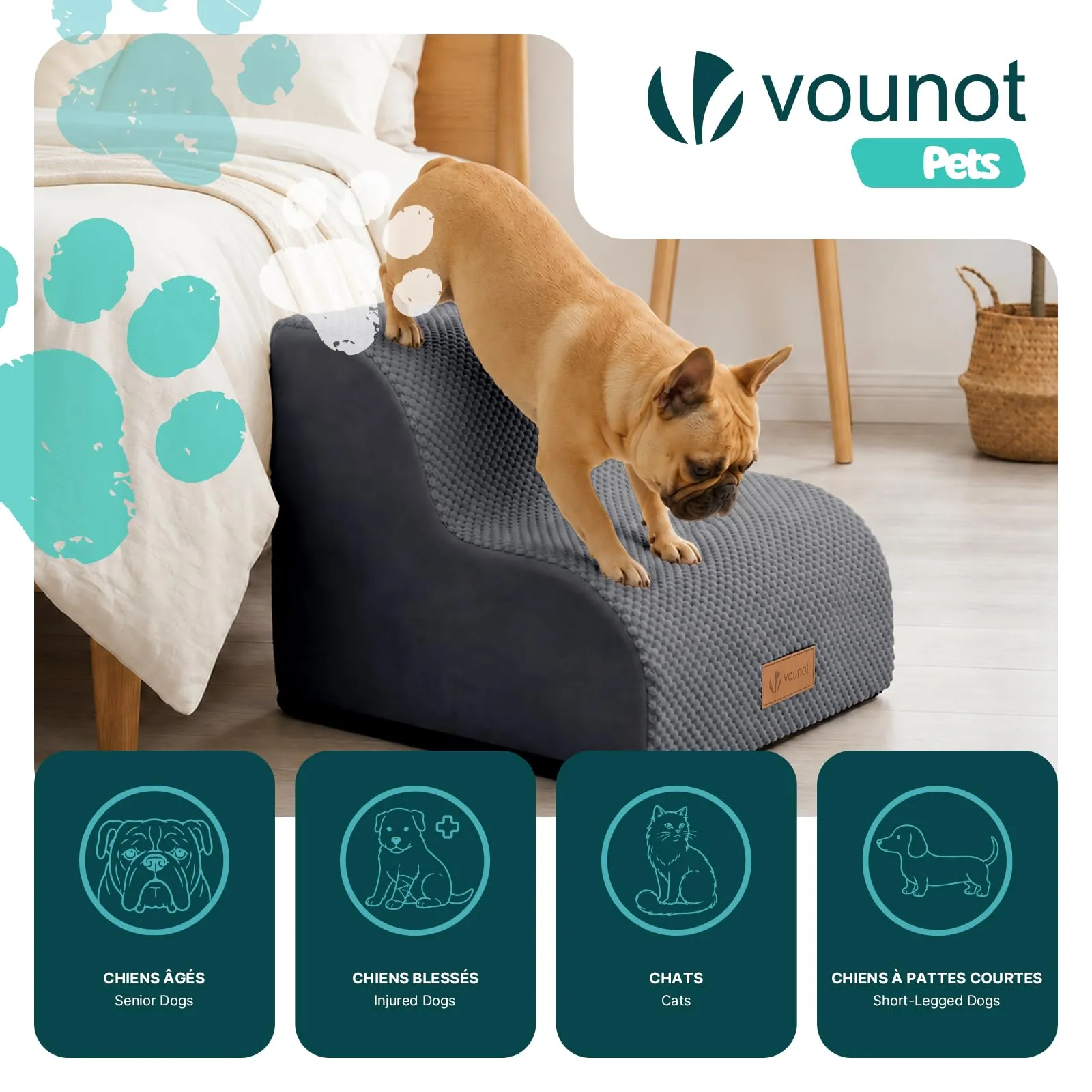 VOUNOT® Scaletta per Cani a 2 Gradini, Scala per Animali Antiscivolo in Schiuma ad Alta Densità con Maniglia, Sfoderabile e Lavabile, Accesso a Divano e Letto per Cani Piccoli o Anziani, Grigio - immagine 2