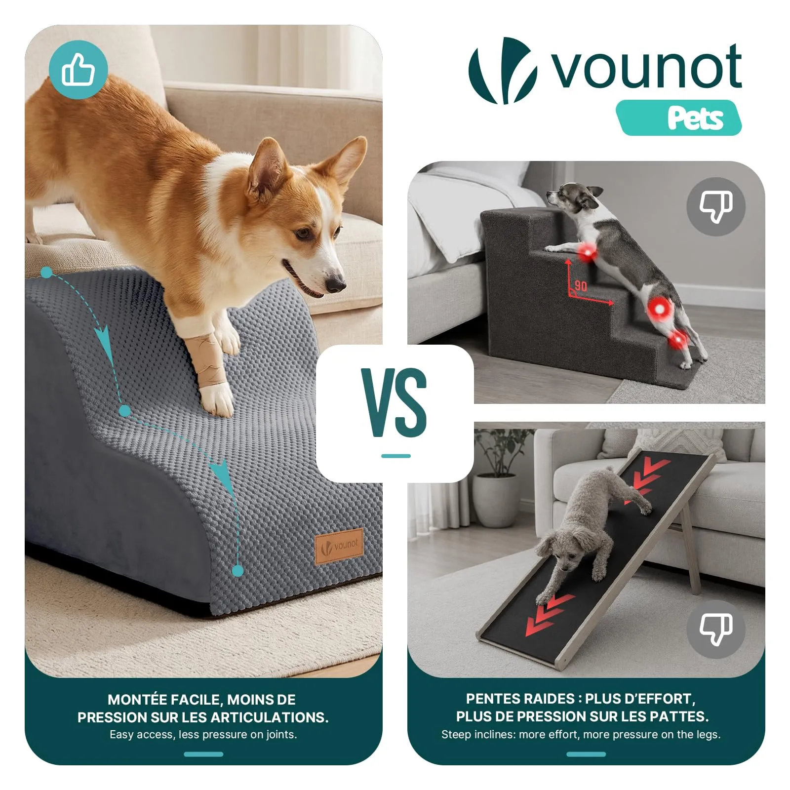 VOUNOT® Scaletta per Cani a 2 Gradini, Scala per Animali Antiscivolo in Schiuma ad Alta Densità con Maniglia, Sfoderabile e Lavabile, Accesso a Divano e Letto per Cani Piccoli o Anziani, Grigio - immagine 6
