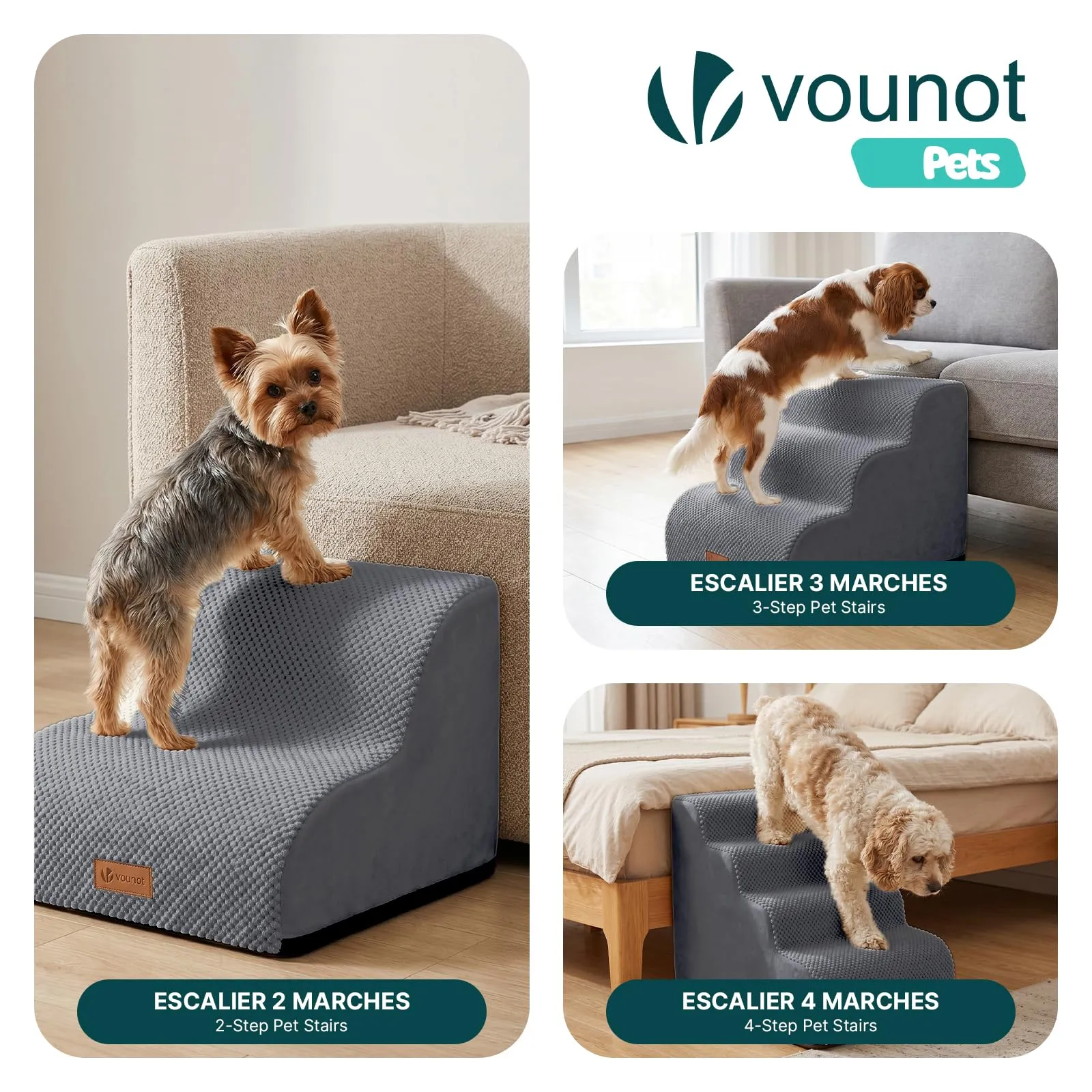 VOUNOT® Scaletta per Cani a 2 Gradini, Scala per Animali Antiscivolo in Schiuma ad Alta Densità con Maniglia, Sfoderabile e Lavabile, Accesso a Divano e Letto per Cani Piccoli o Anziani, Grigio - immagine 7