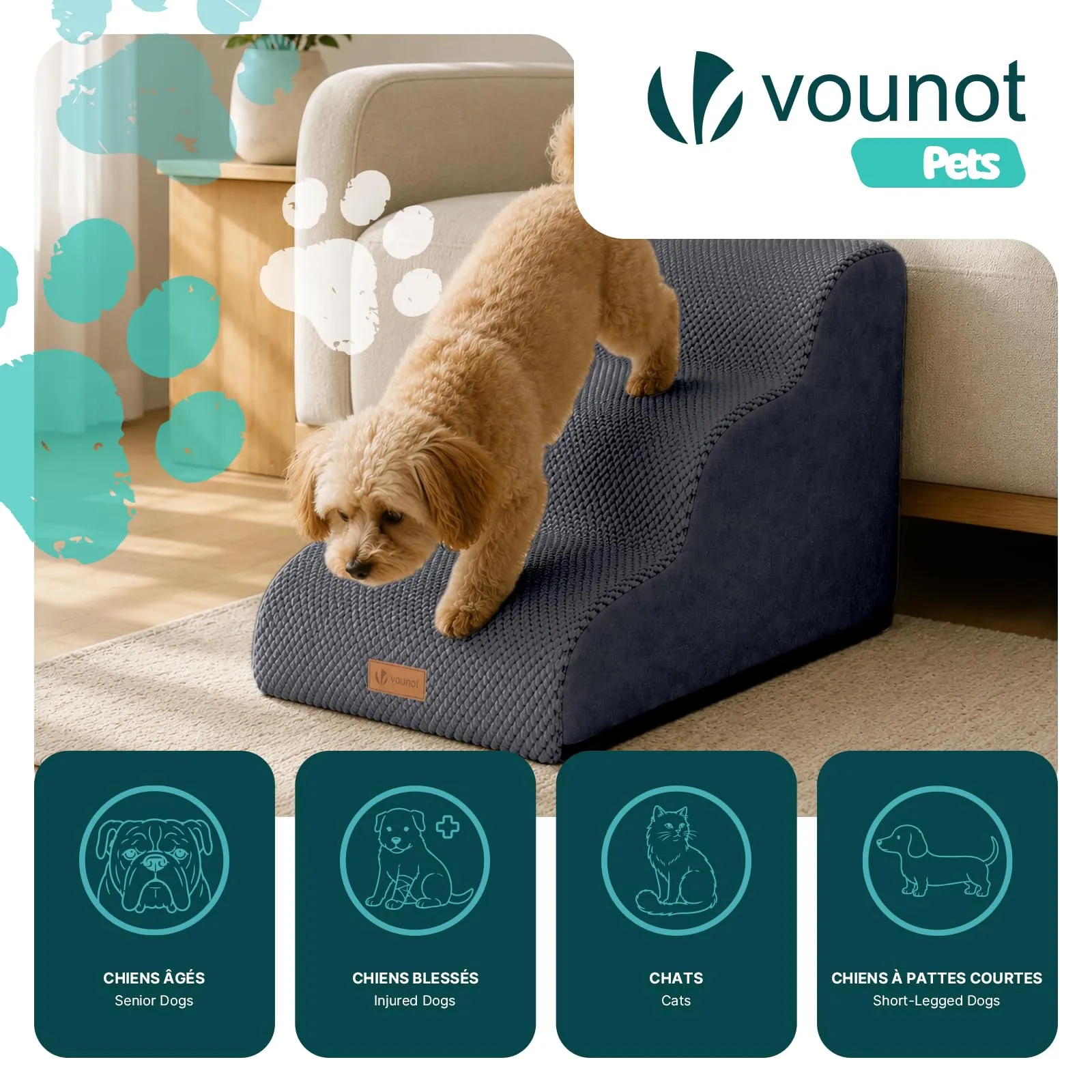 VOUNOT® Scaletta per Cani a 3 Gradini, Scala per Animali Antiscivolo in Schiuma ad Alta Densità con Maniglia, Sfoderabile e Lavabile, Accesso a Divano e Letto per Cani Piccoli o Anziani, Grigio - immagine 2