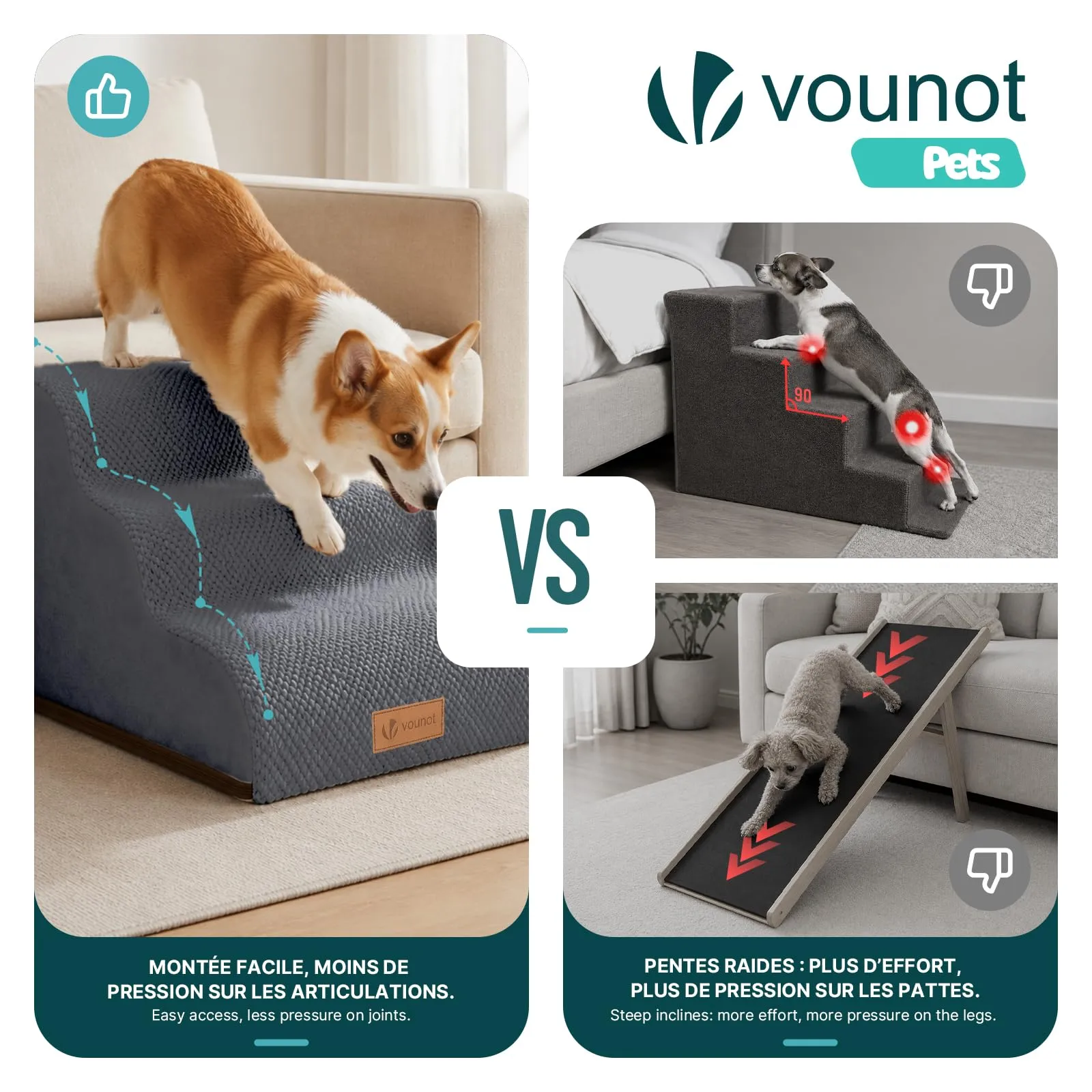 VOUNOT® Scaletta per Cani a 3 Gradini, Scala per Animali Antiscivolo in Schiuma ad Alta Densità con Maniglia, Sfoderabile e Lavabile, Accesso a Divano e Letto per Cani Piccoli o Anziani, Grigio - immagine 6