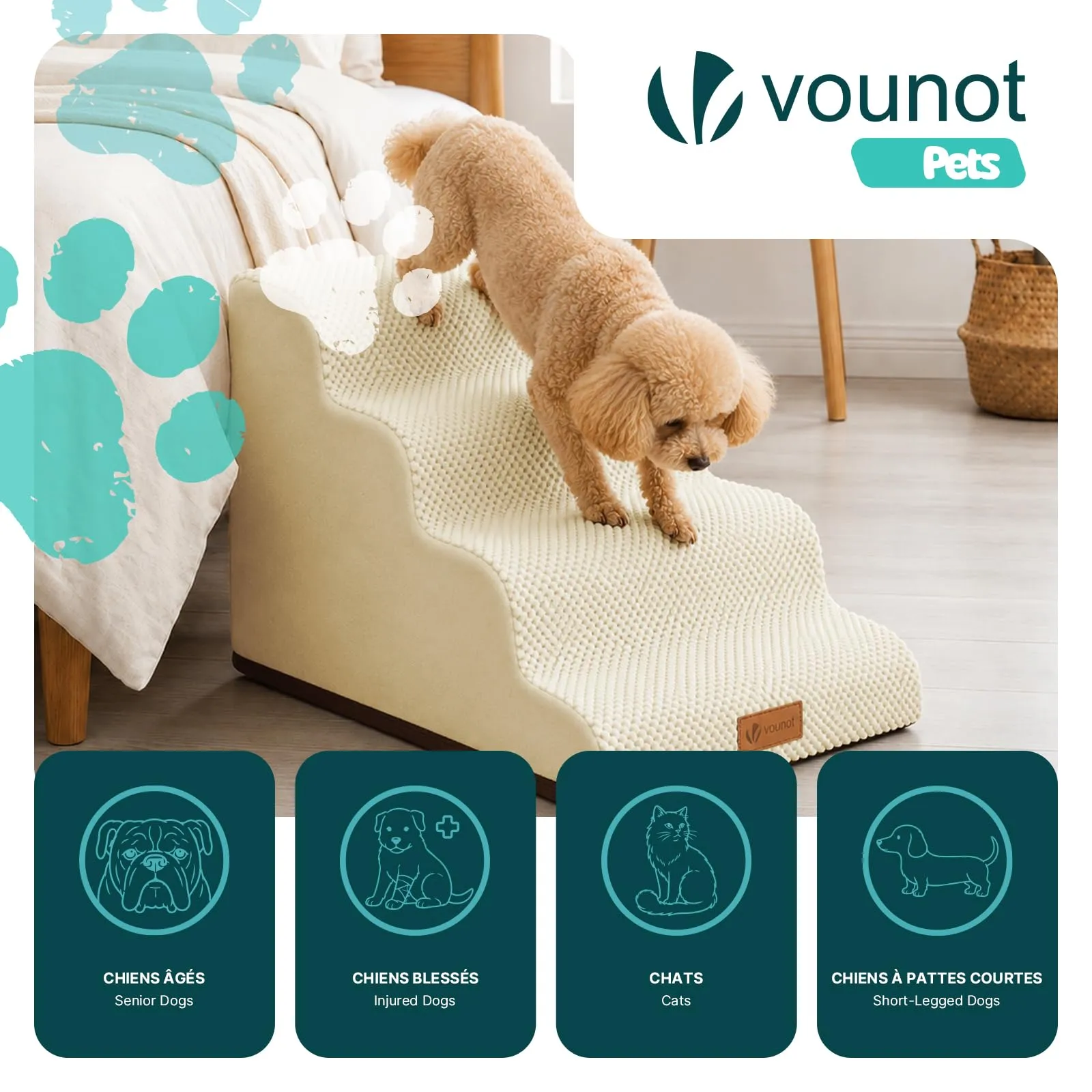VOUNOT® Scaletta per Cani a 4 Gradini, Scala per Animali Antiscivolo in Schiuma ad Alta Densità con Maniglia, Sfoderabile e Lavabile, Accesso a Divano e Letto per Cani Piccoli o Anziani, Beige - immagine 2