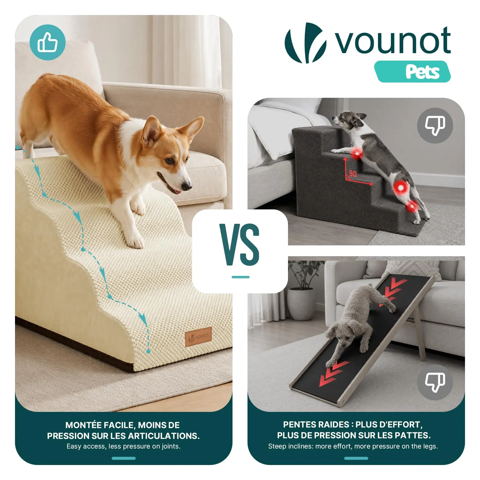 VOUNOT® Scaletta per Cani a 4 Gradini, Scala per Animali Antiscivolo in Schiuma ad Alta Densità con Maniglia, Sfoderabile e Lavabile, Accesso a Divano e Letto per Cani Piccoli o Anziani, Beige - immagine 6