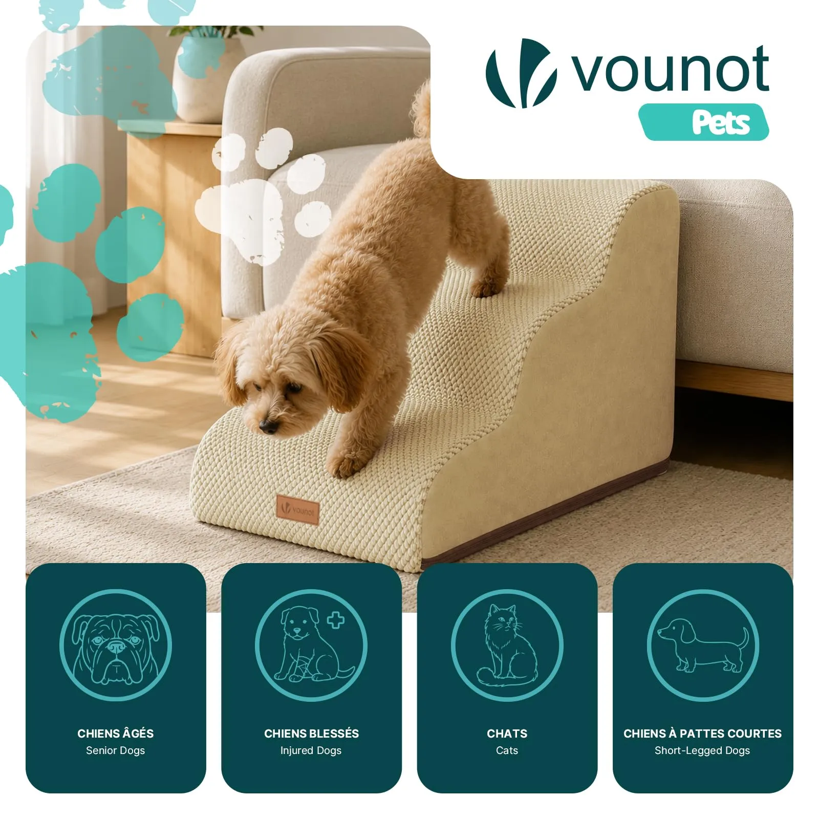 VOUNOT® Scaletta per Cani a 3 Gradini, Scala per Animali Antiscivolo in Schiuma ad Alta Densità con Maniglia, Sfoderabile e Lavabile, Accesso a Divano e Letto per Cani Piccoli o Anziani, Beige - immagine 2