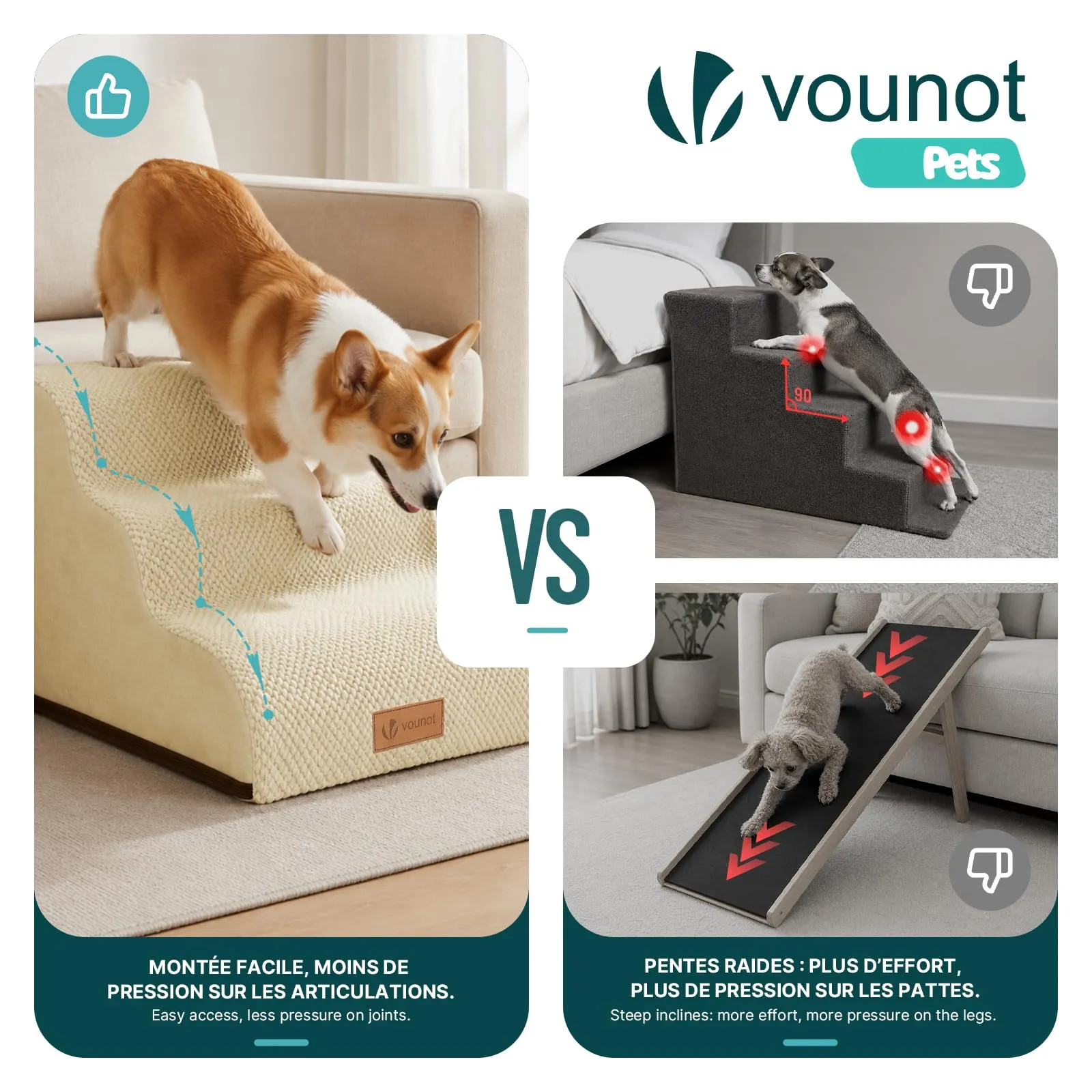 VOUNOT® Scaletta per Cani a 3 Gradini, Scala per Animali Antiscivolo in Schiuma ad Alta Densità con Maniglia, Sfoderabile e Lavabile, Accesso a Divano e Letto per Cani Piccoli o Anziani, Beige - immagine 6