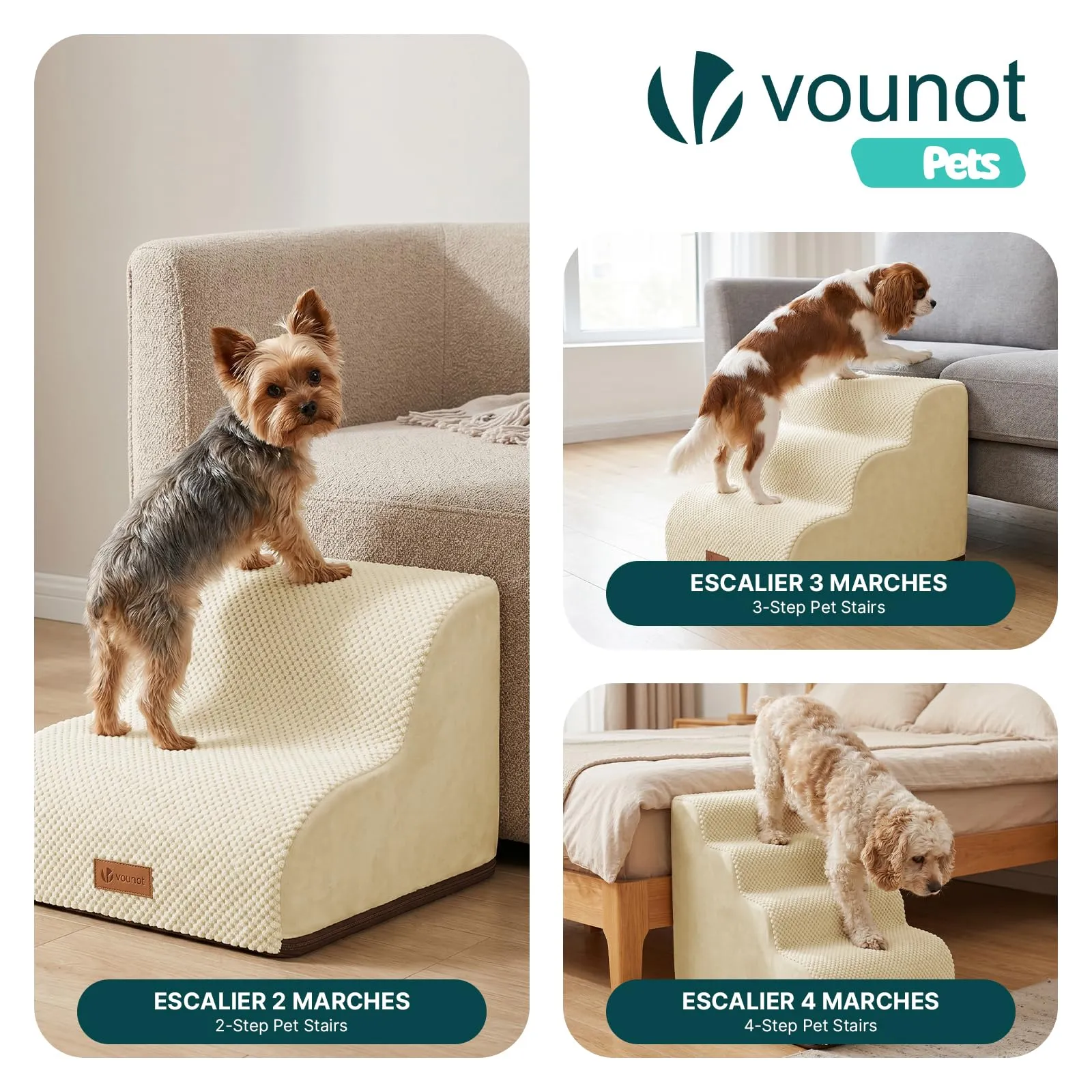 VOUNOT® Scaletta per Cani a 3 Gradini, Scala per Animali Antiscivolo in Schiuma ad Alta Densità con Maniglia, Sfoderabile e Lavabile, Accesso a Divano e Letto per Cani Piccoli o Anziani, Beige - immagine 7